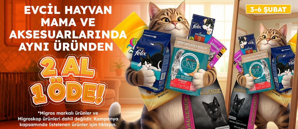 Migros'ta evcil hayvan mama ve aksesuarlarında aynı üründen 2 Al 1 Öde