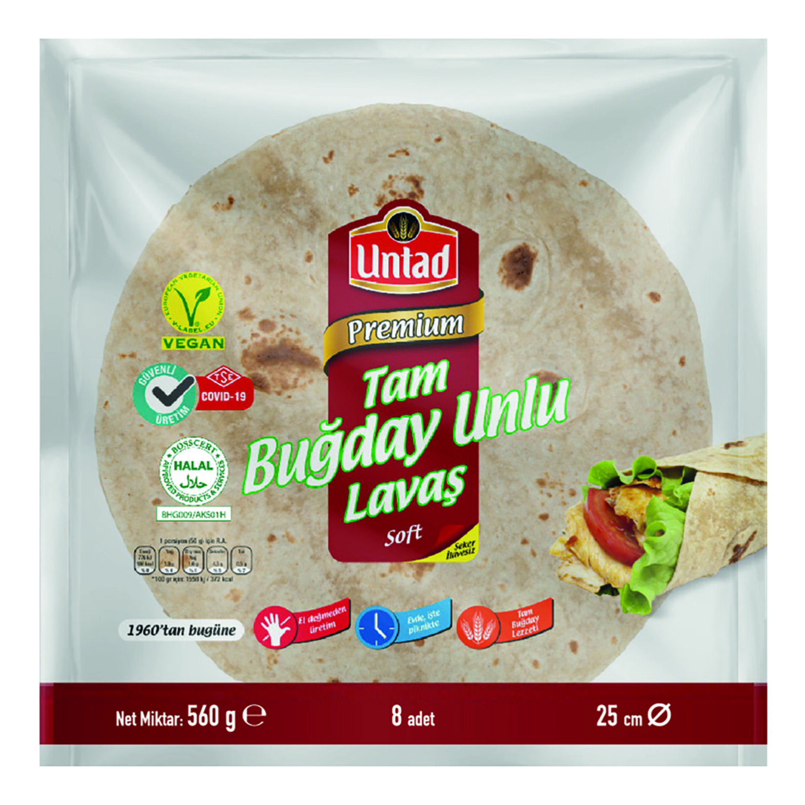 Untad Premium Tam Buğday Unlu Lavaş 8'li 560 G