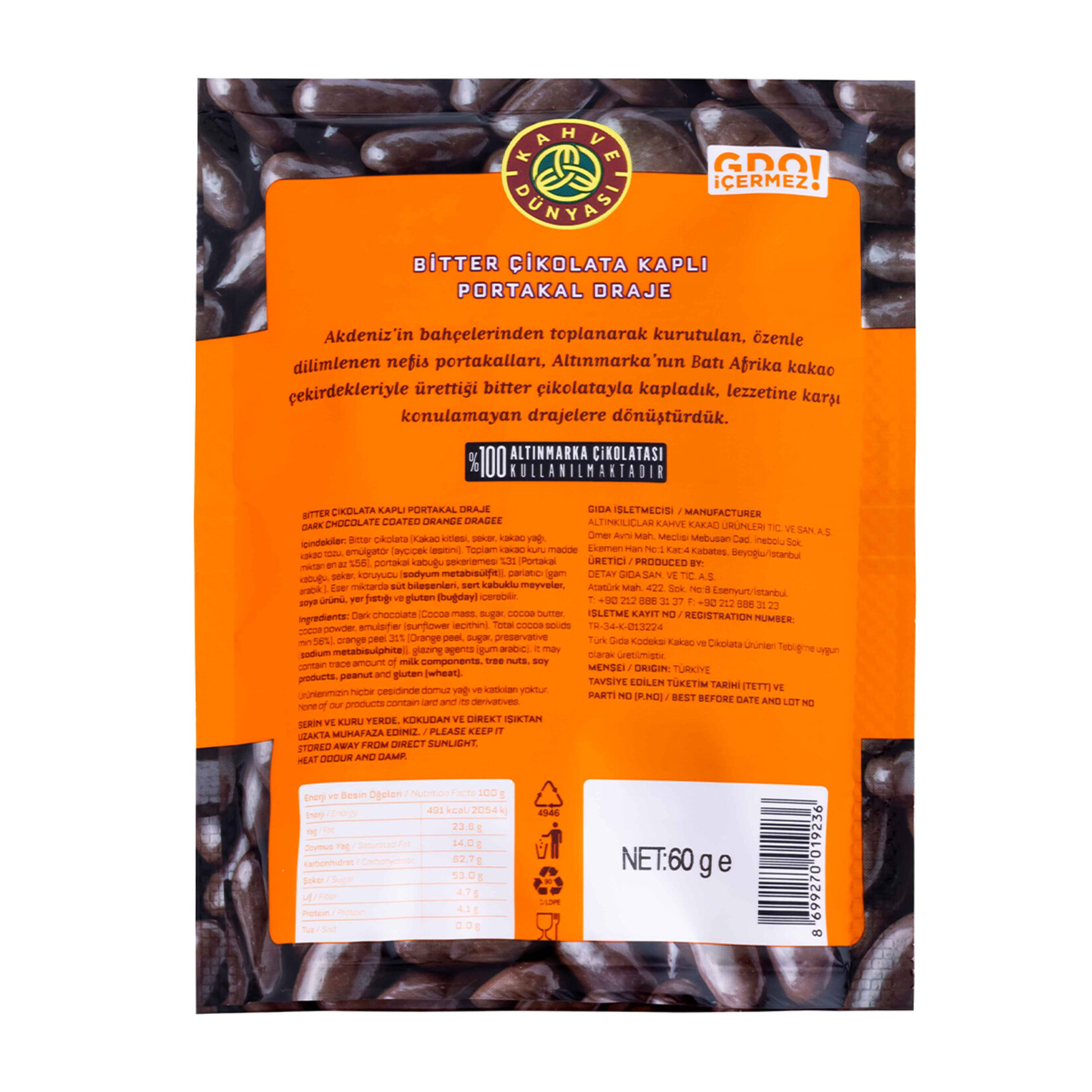 Kahve Dünyası Bitter Çikolatalı Portakal Draje 60 G - Görsel 2