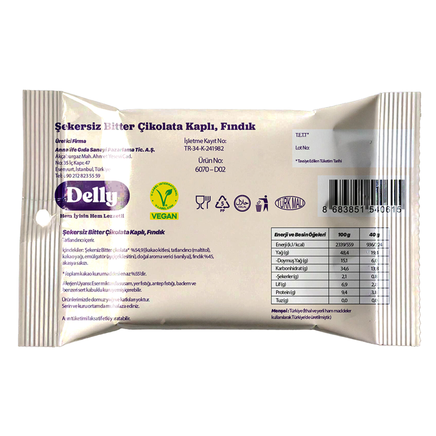 Delly Şekersiz Çikolata Kaplı Fındık 40 G - Görsel 2