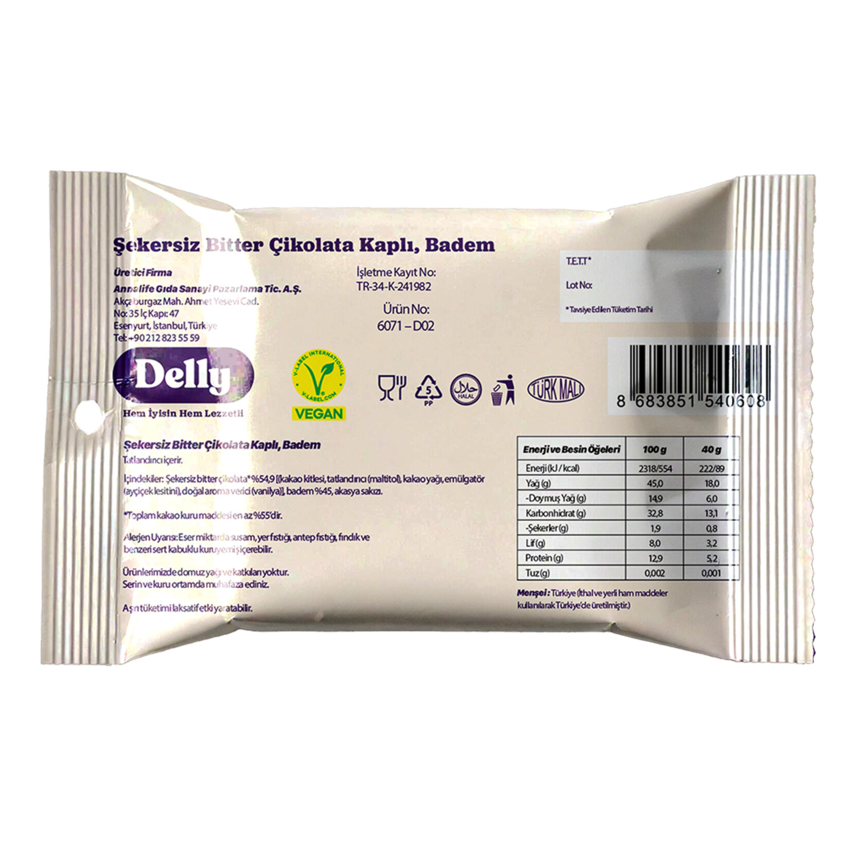 Delly Şekersiz Çikolata Kaplı Badem 40 G - Görsel 2