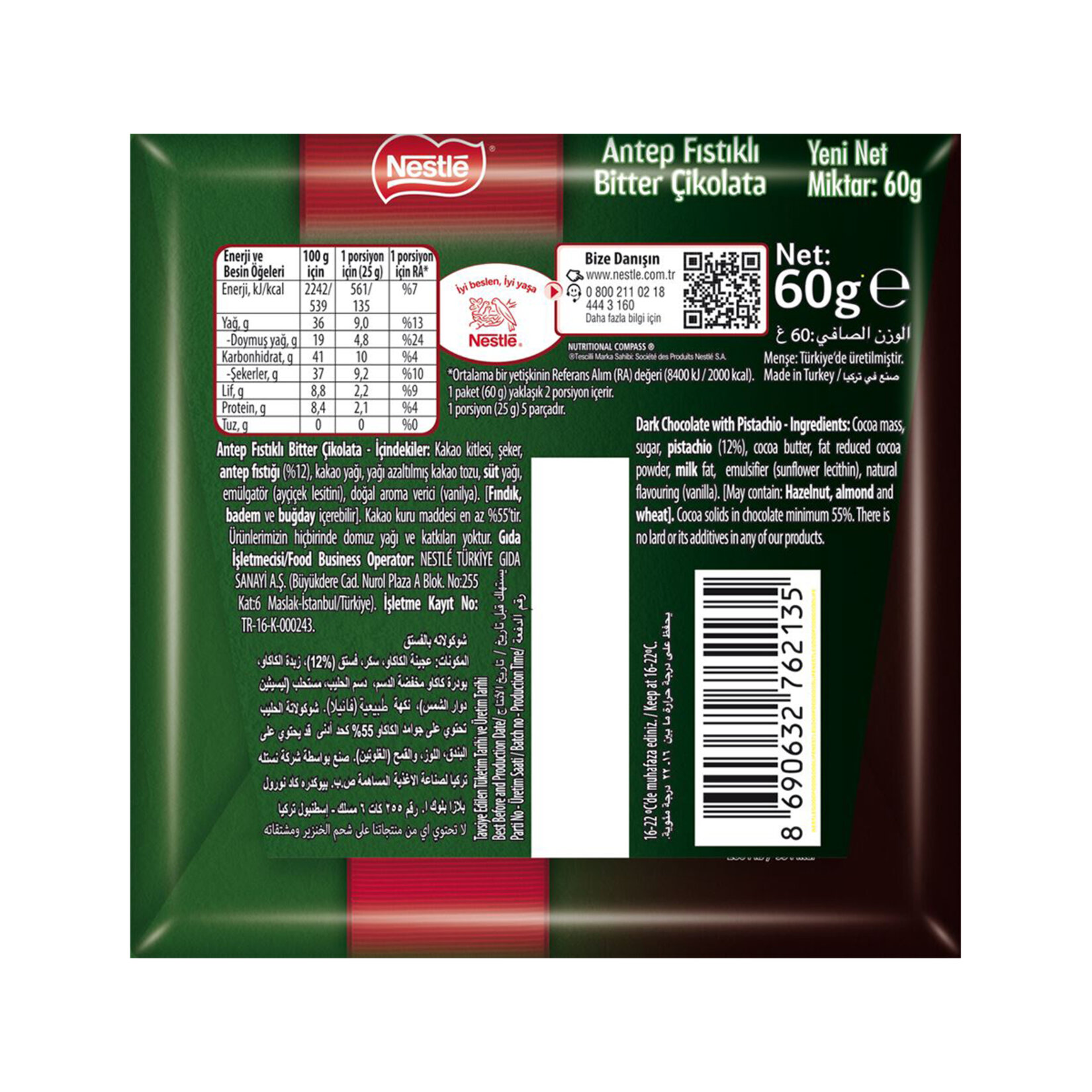 Nestle Antep Fıstıklı Bitter Kare Çikolata 60 G - Görsel 2