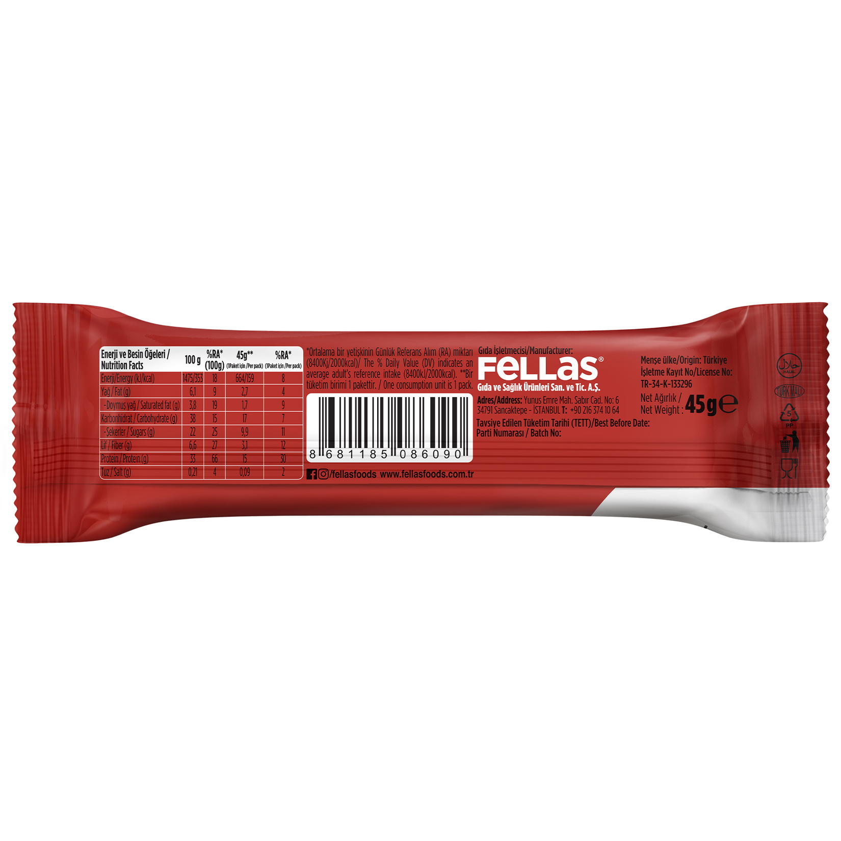 Fellas Kakao & Hindistan Cevizli Yüksek Protein Bar 45 G - Görsel 2