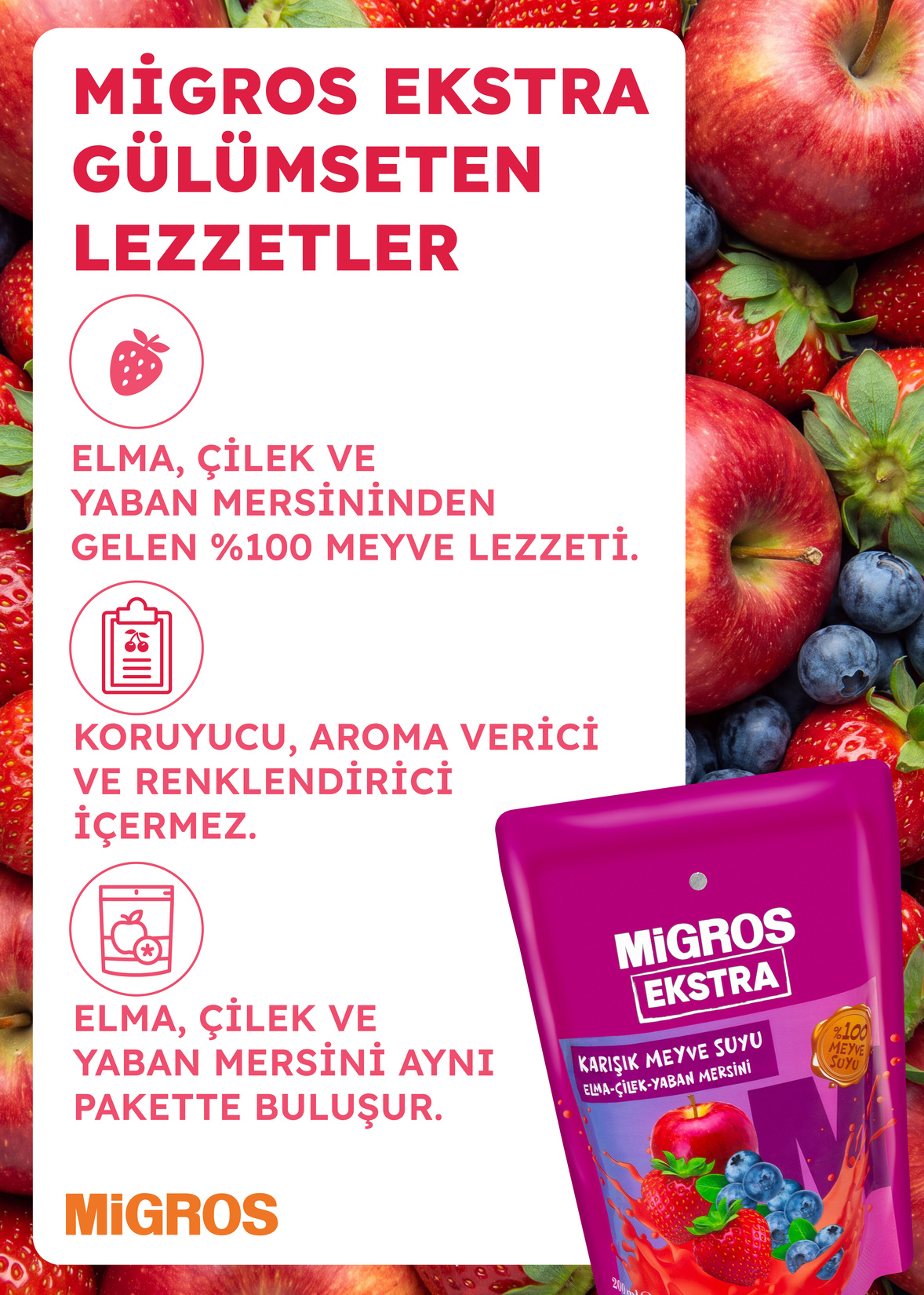 Migros Ekstra %100 Elma Çilek Yaban Mersini Meyve Suyu 200 Ml - Görsel 3