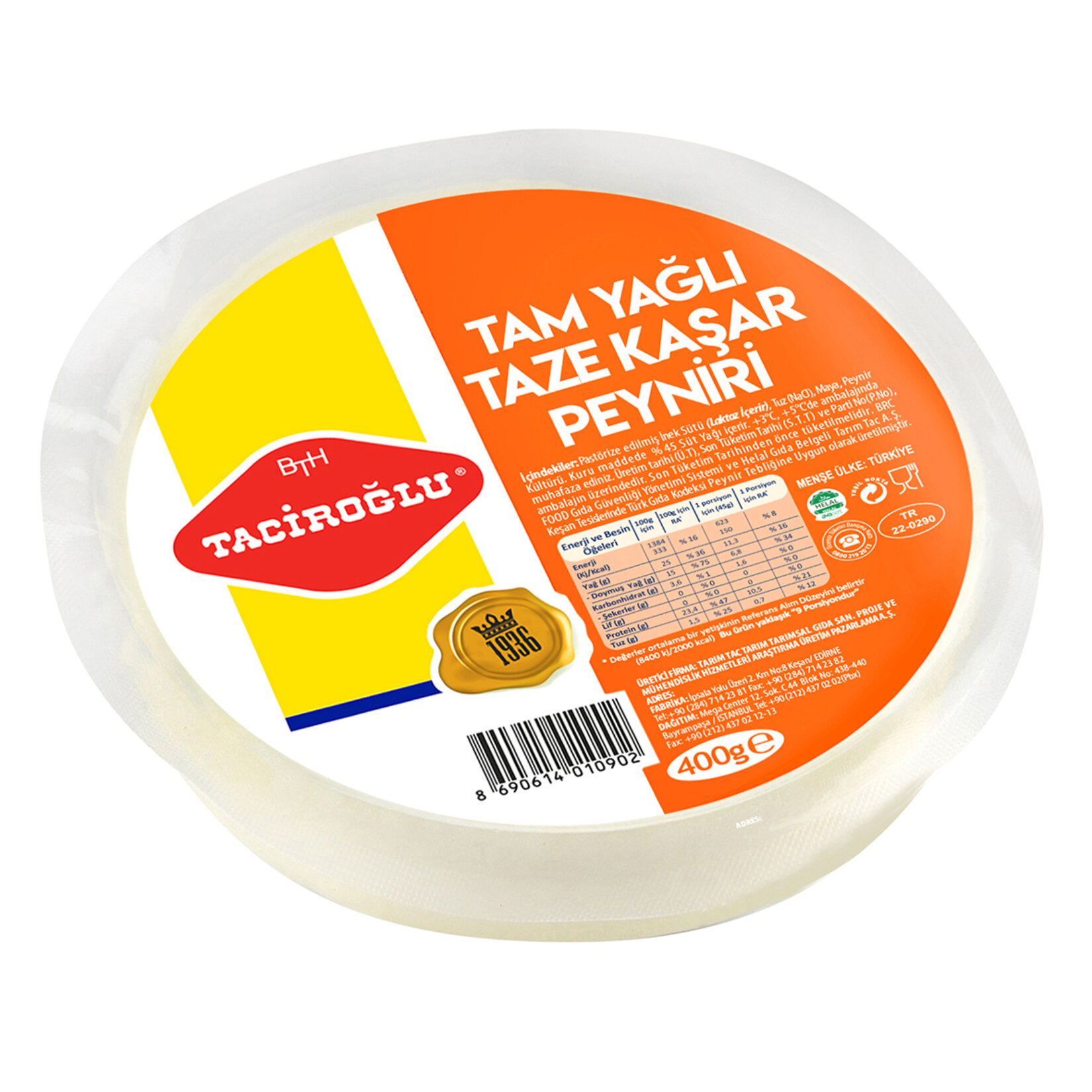 Taciroğlu Tam Yağlı Taze Kaşar Peyniri 400 G