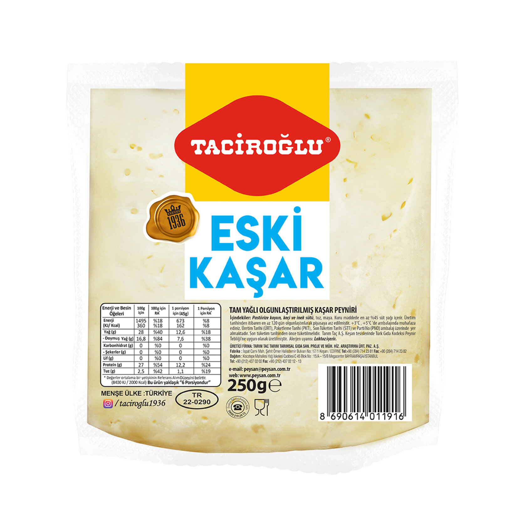Taciroğlu Tam Yağlı Olgunlaştırılmış Eski Kaşar Peynir 250 G