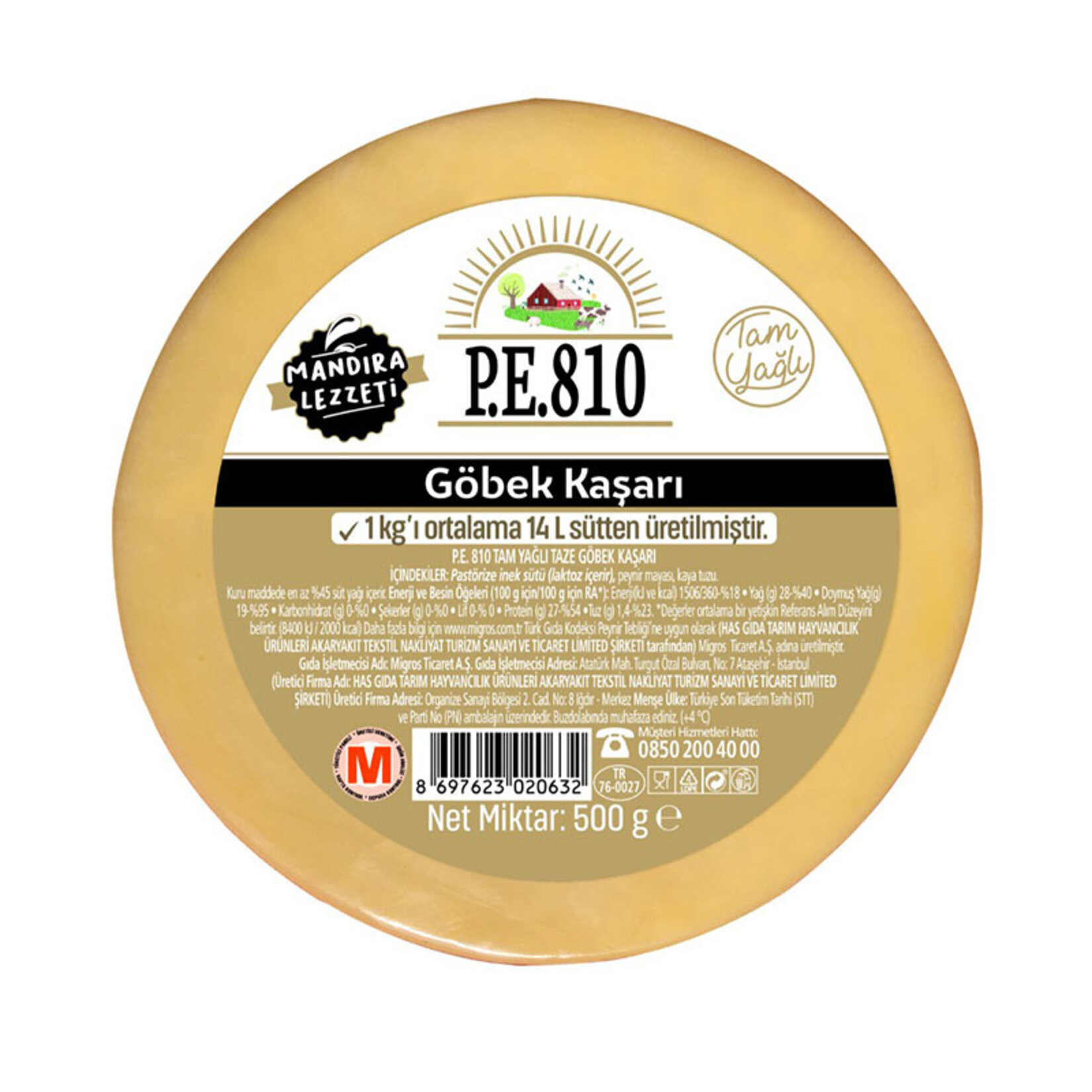P.E. 810 Tam Yağlı Taze Göbek Kaşarı 500gr - Görsel 1