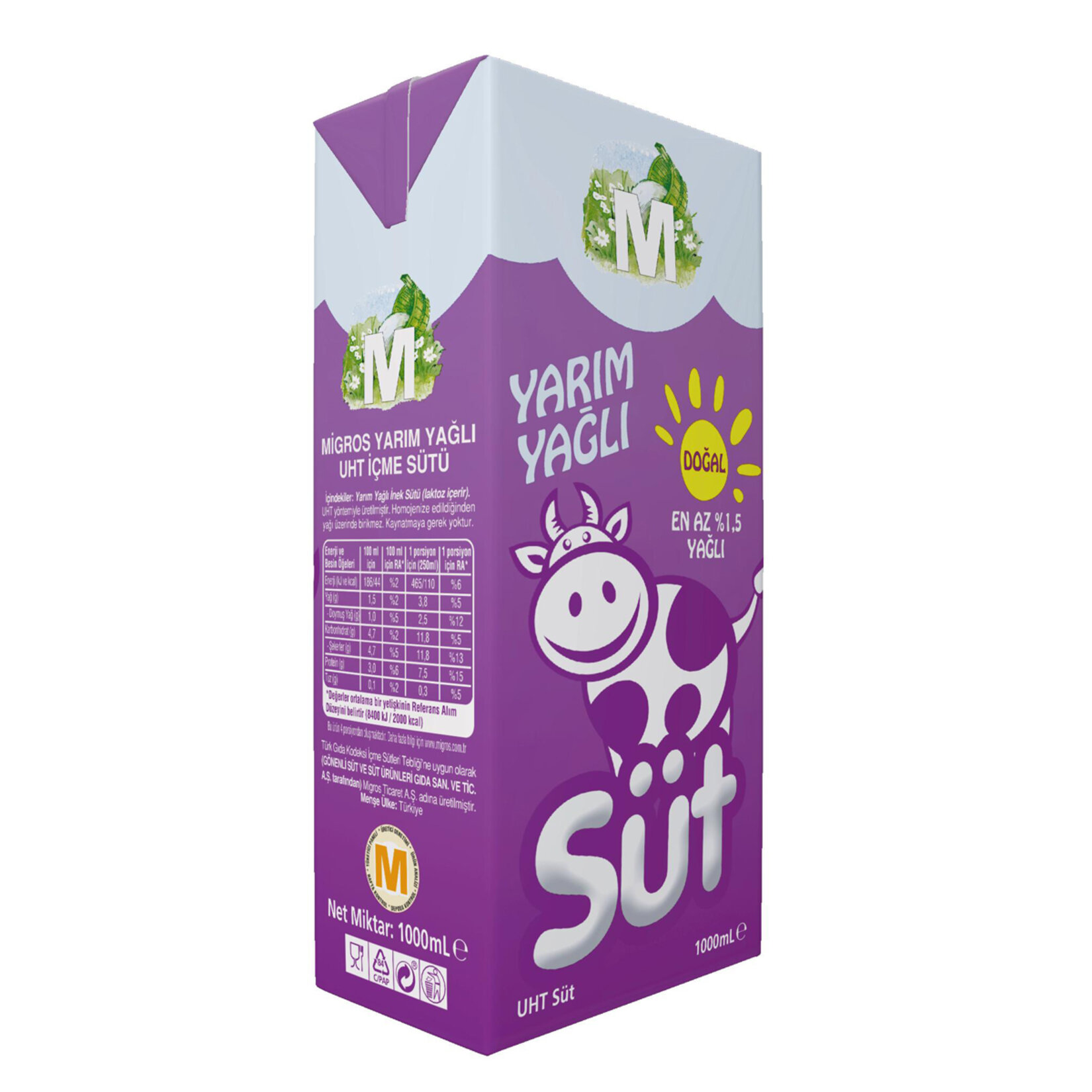 Migros Yarım Yağlı UHT Süt 1 L