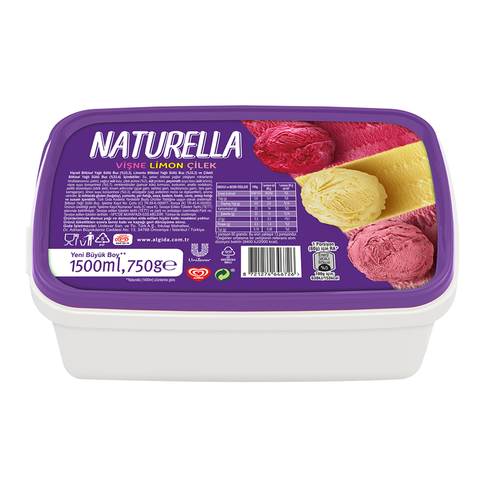 Algida Naturella Vişne Limon Çilek 1.500 Ml