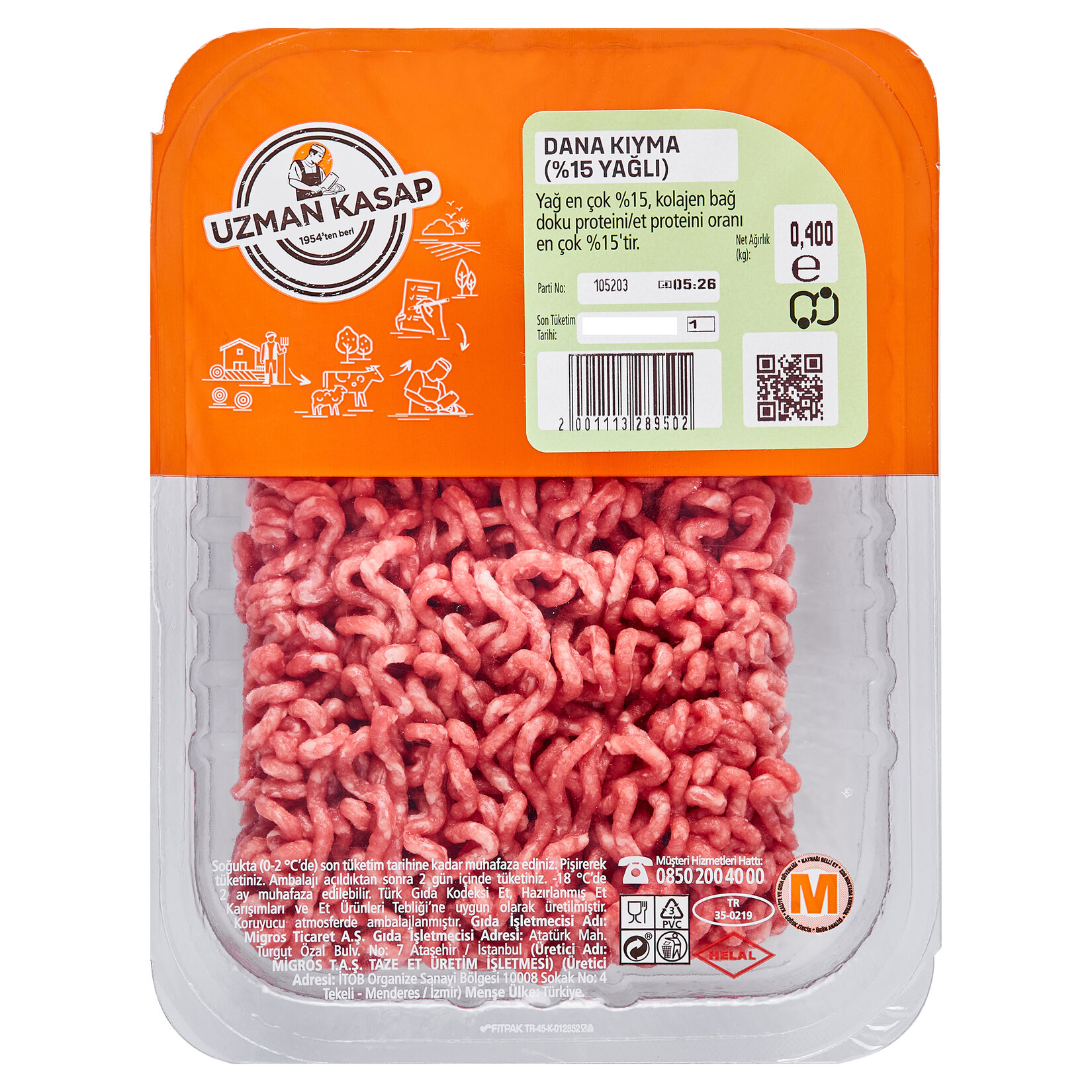 Uzman Kasap Dana Kıyma 400 G %15 Yağlı