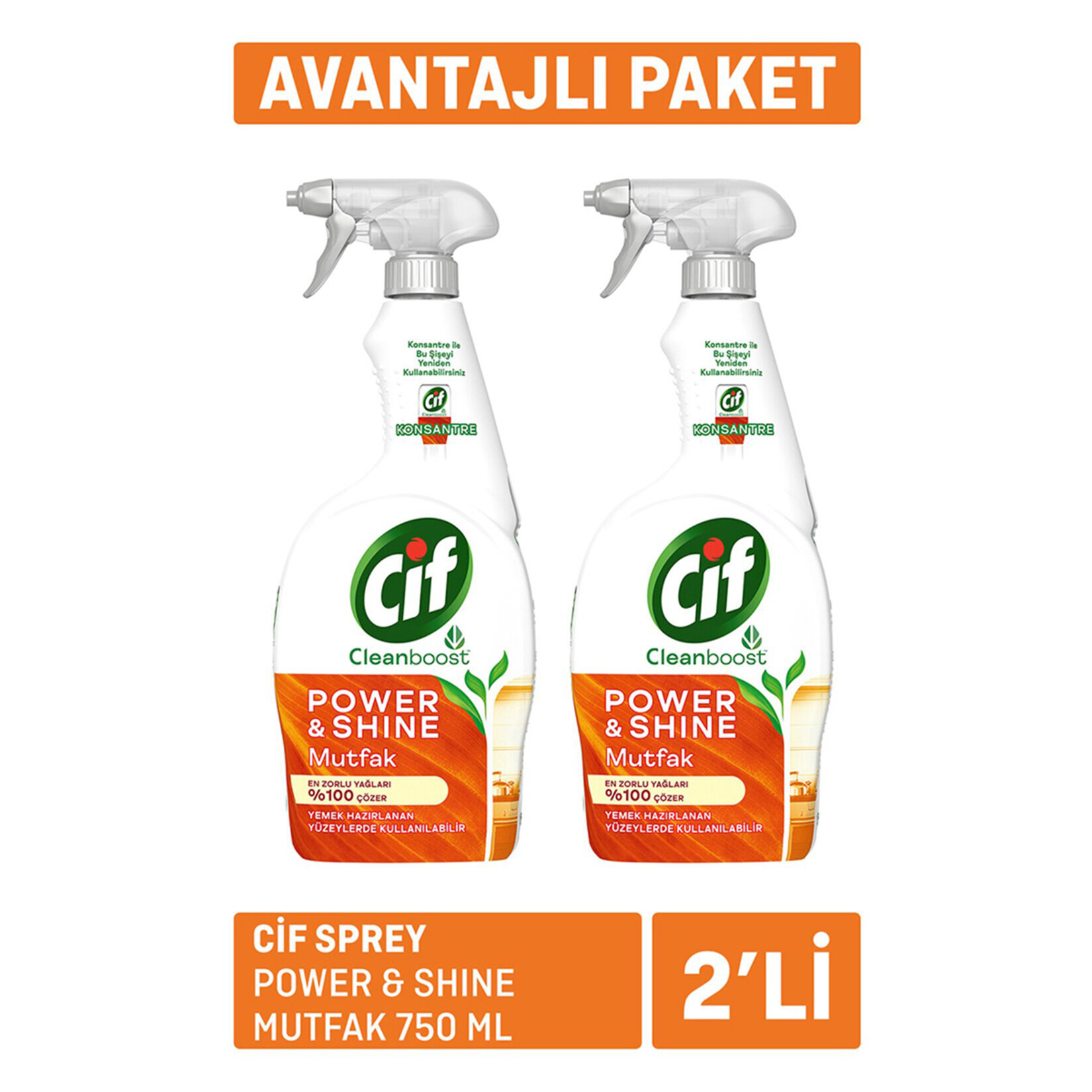 Cif Power & Shine Sprey Mutfak Yağ Çözücü 2 x 750 Ml - Görsel 1