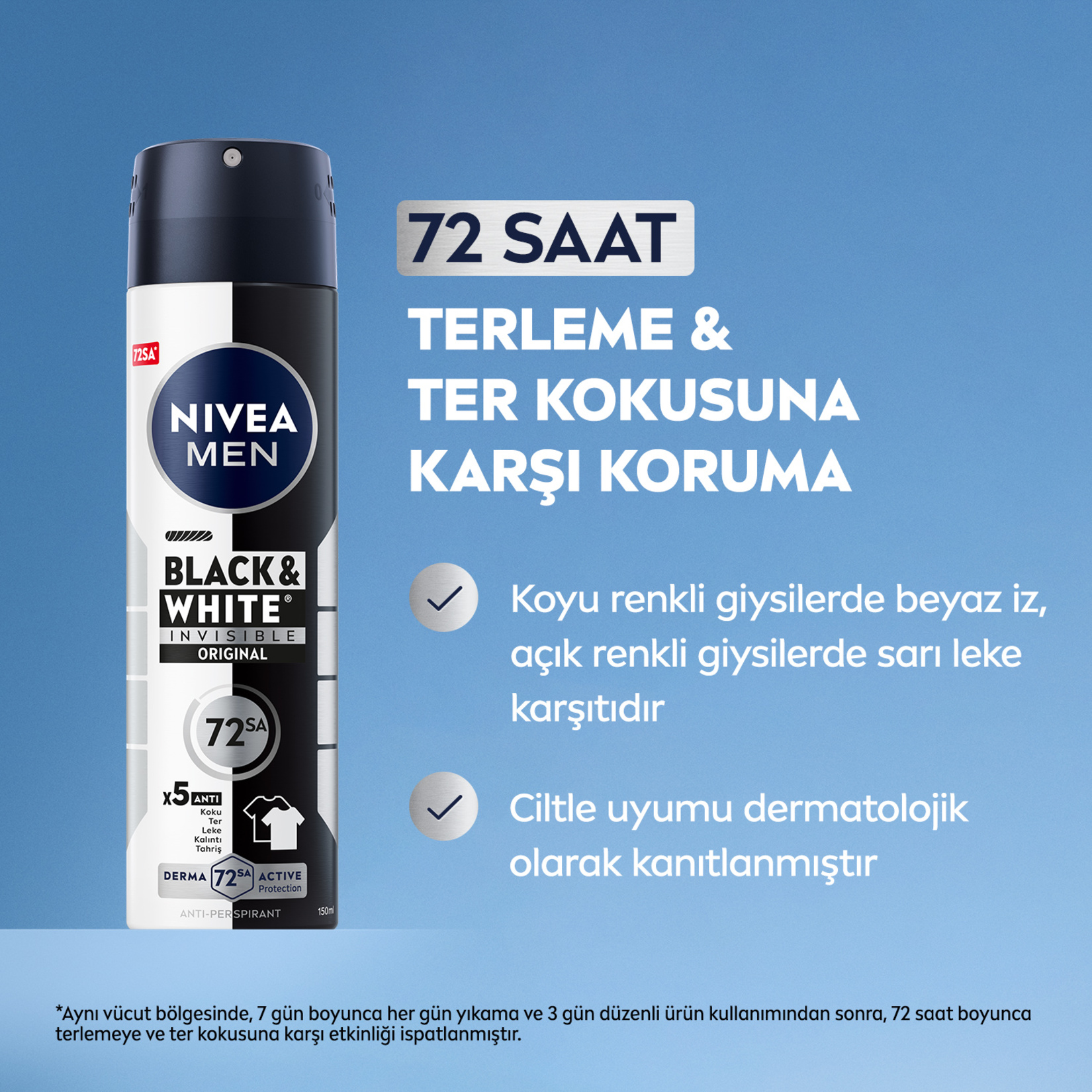 NIVEA MEN Erkek Sprey Deodorant Black&White 72 Saat Anti-perspirant Insible Original 150 ml - Görsel 3