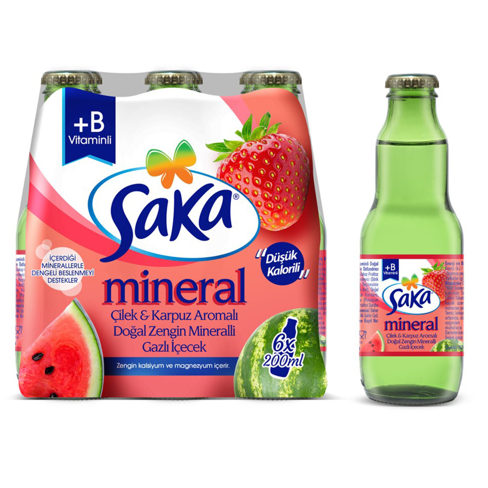 Saka Karpuz Çilek B+ Aromalı Gazlı İçecek 200 ml x 6 Adet