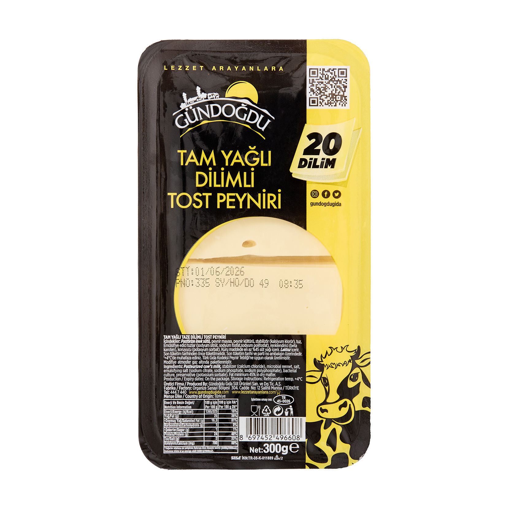 Gündoğdu Tam Yağlı Dilimli Tost Peyniri 300 G