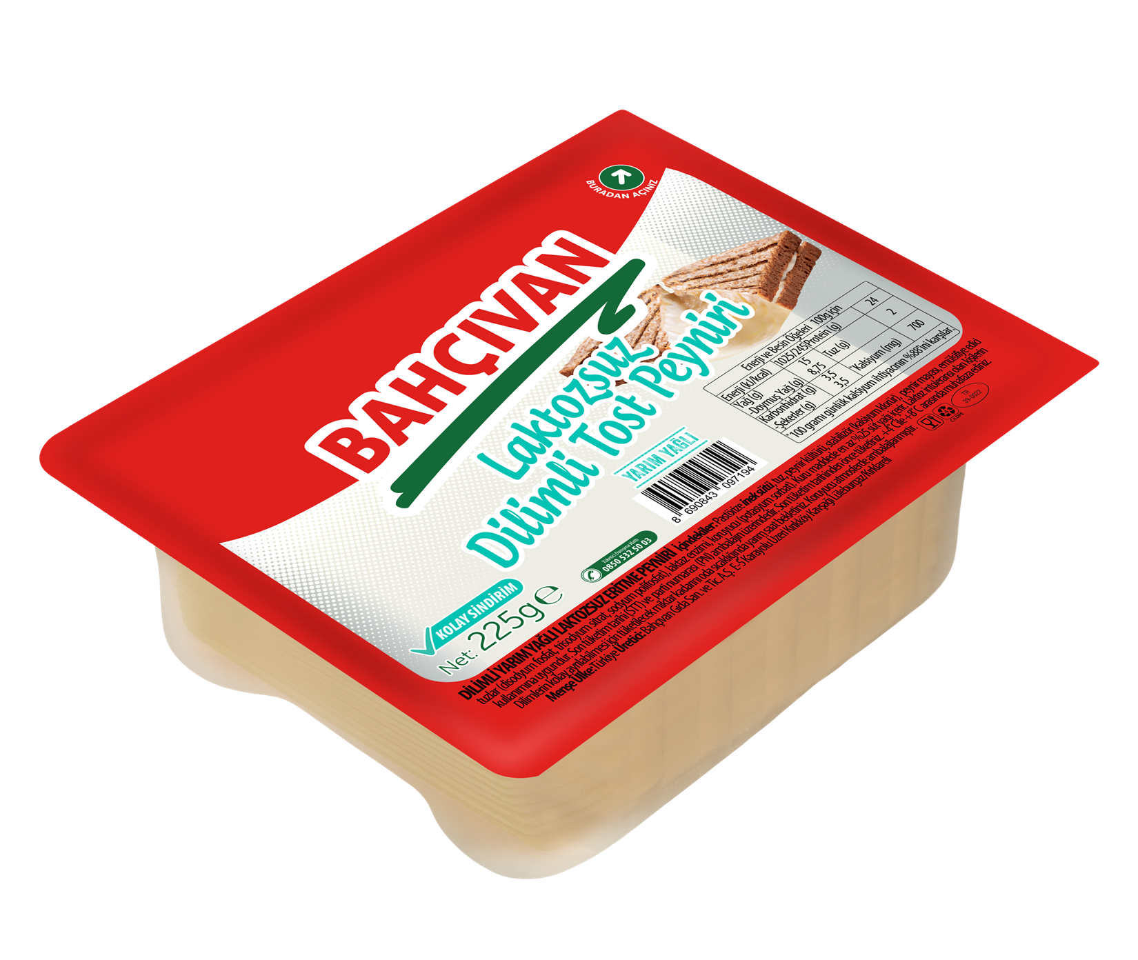 Bahçıvan Yarım Yağlı Laktozsuz Dilimli Tost Peyniri 225 g