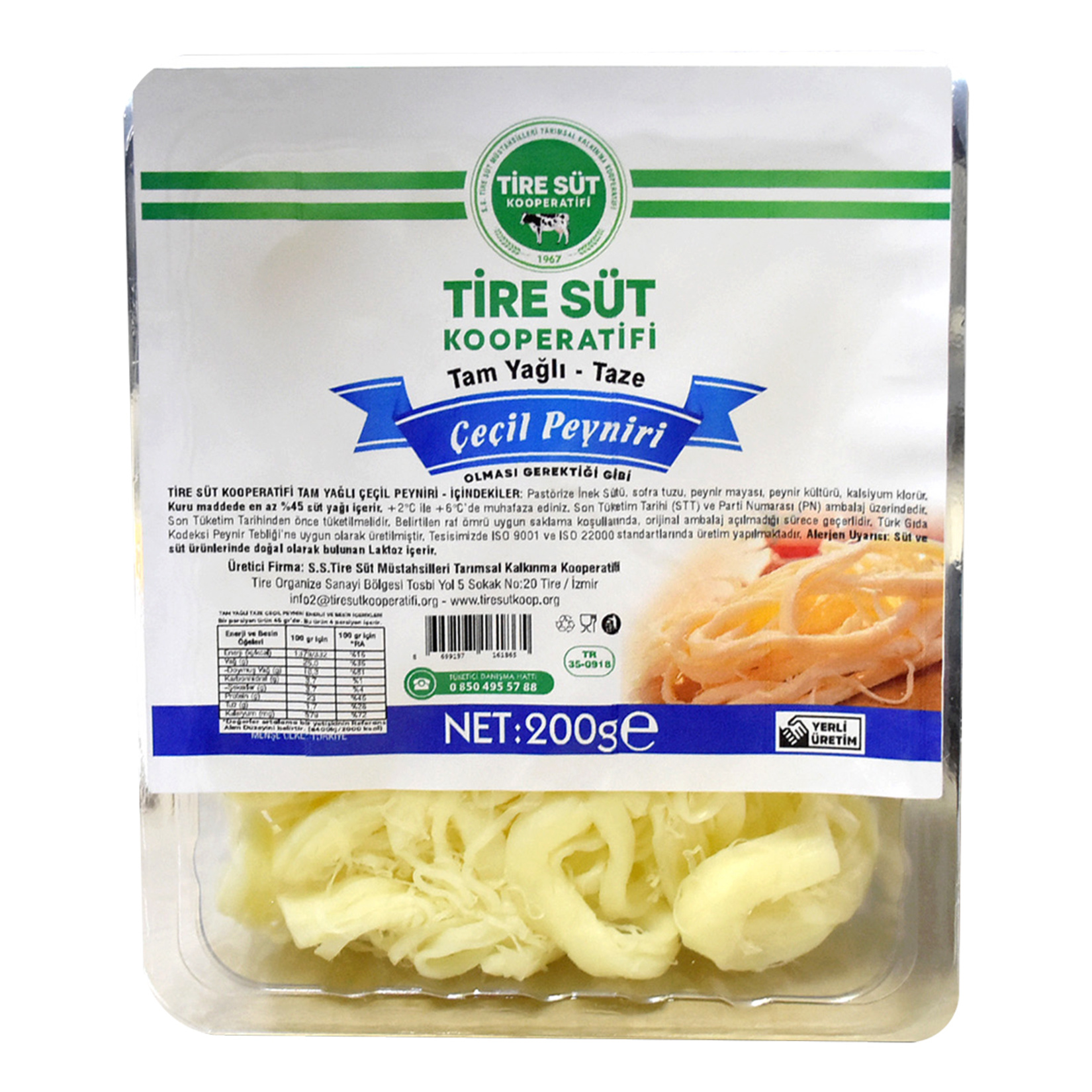 Tire Süt Kooperatifi Tam Yağlı Taze Çeçil Peyniri 200 G