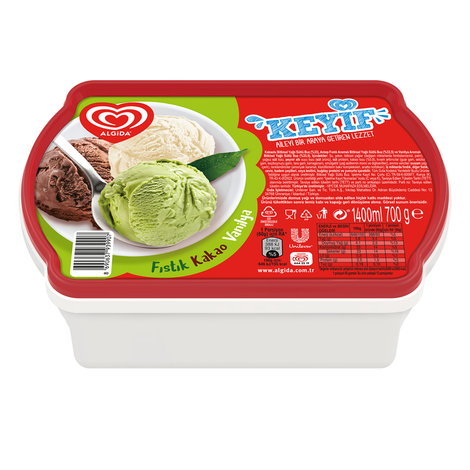 Algida Keyif Fıstık Kakao Vanilya 1400Ml