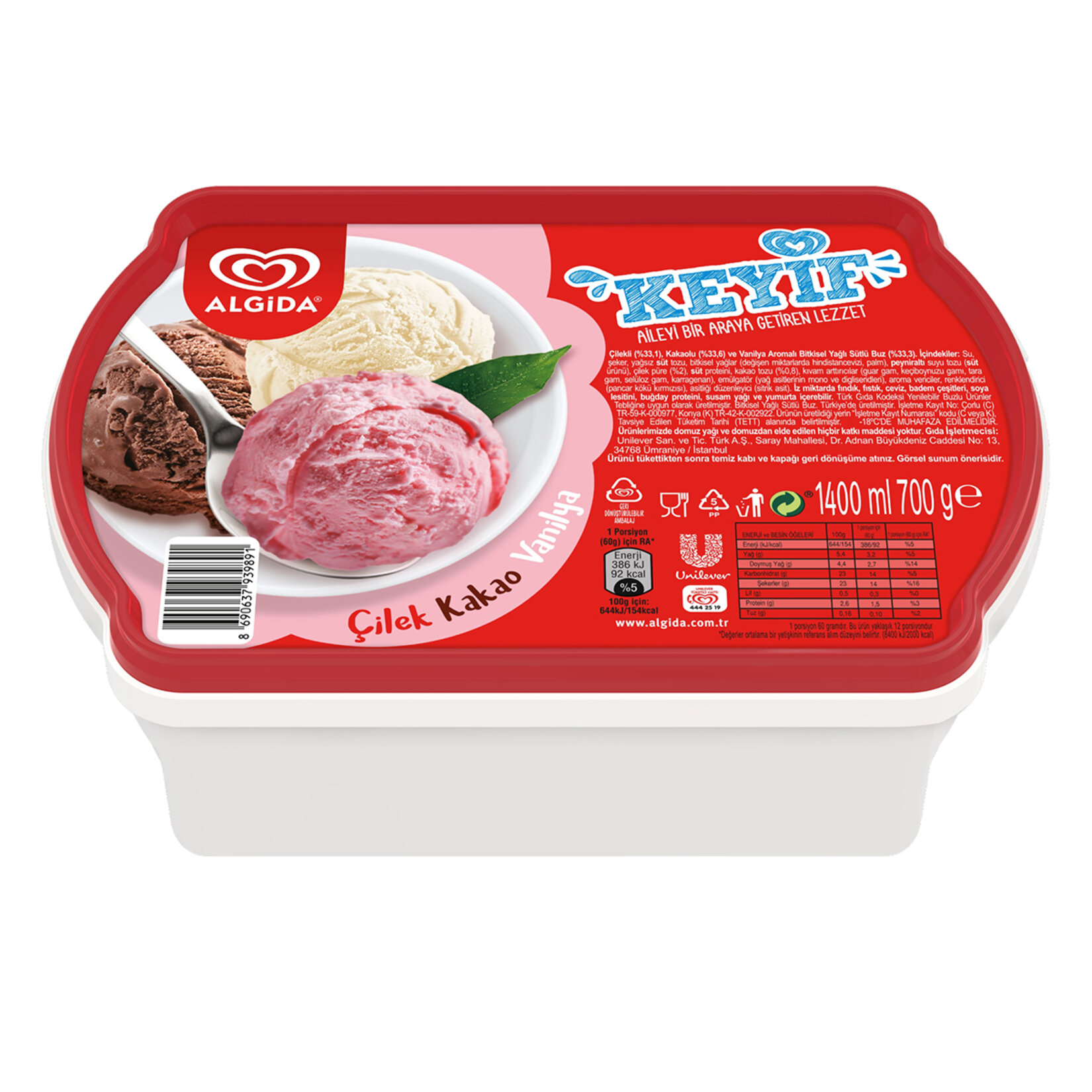 Algida Keyif Çilek Kakao Vanilya 1400Ml