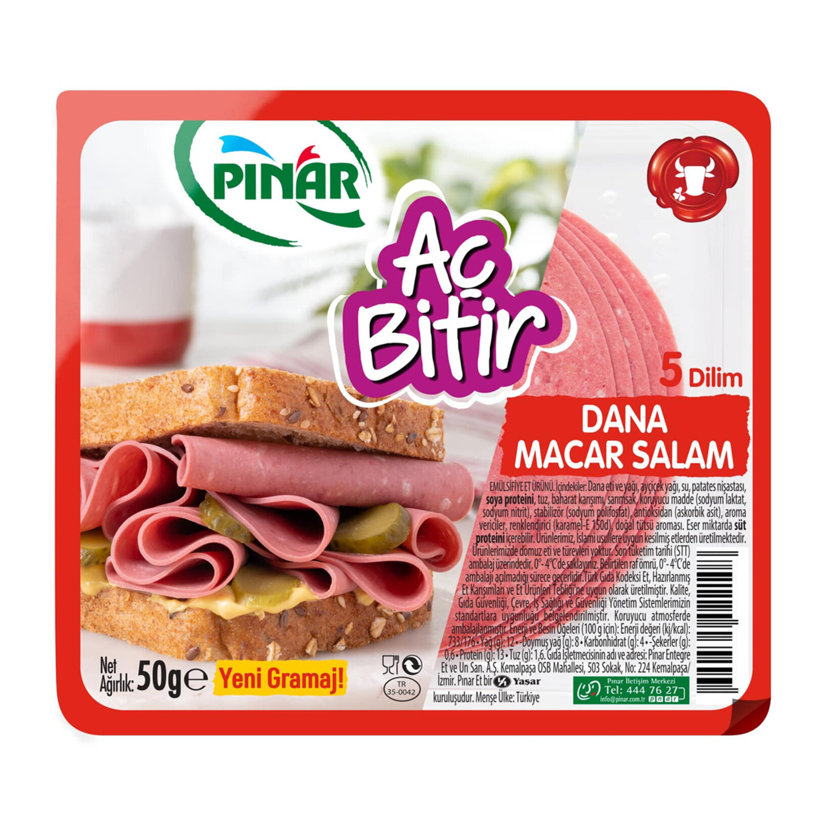 Pınar Aç Bitir Dana Macar Salam Büyük Dilim 50 G