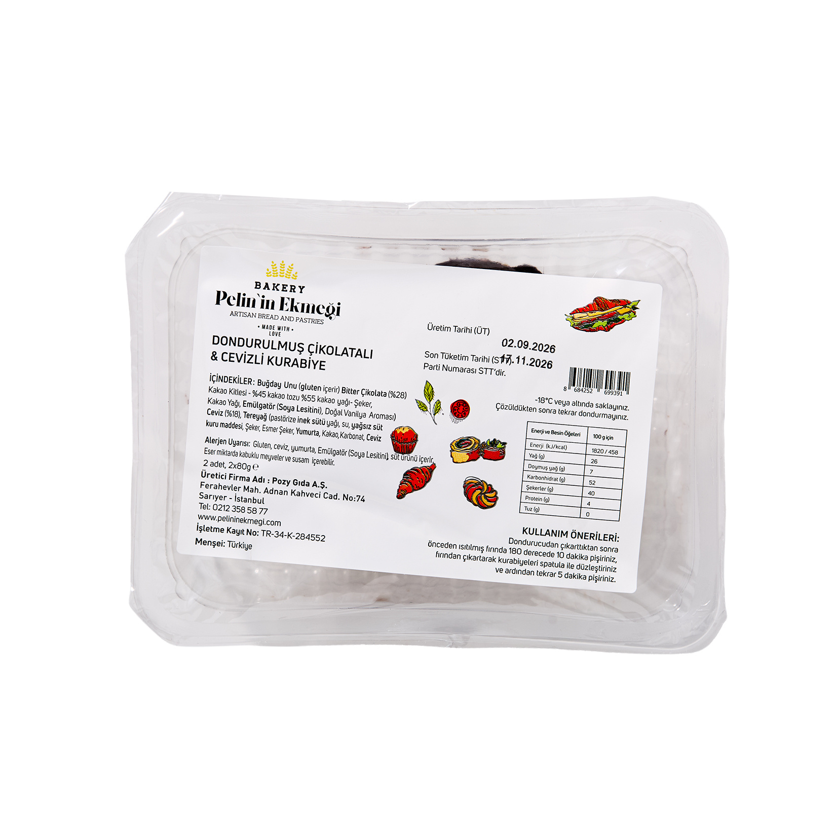Pelin'in Ekmeği Dondurulmuş Çikolatalı & Cevizli Kurabiye 2 x 80 G