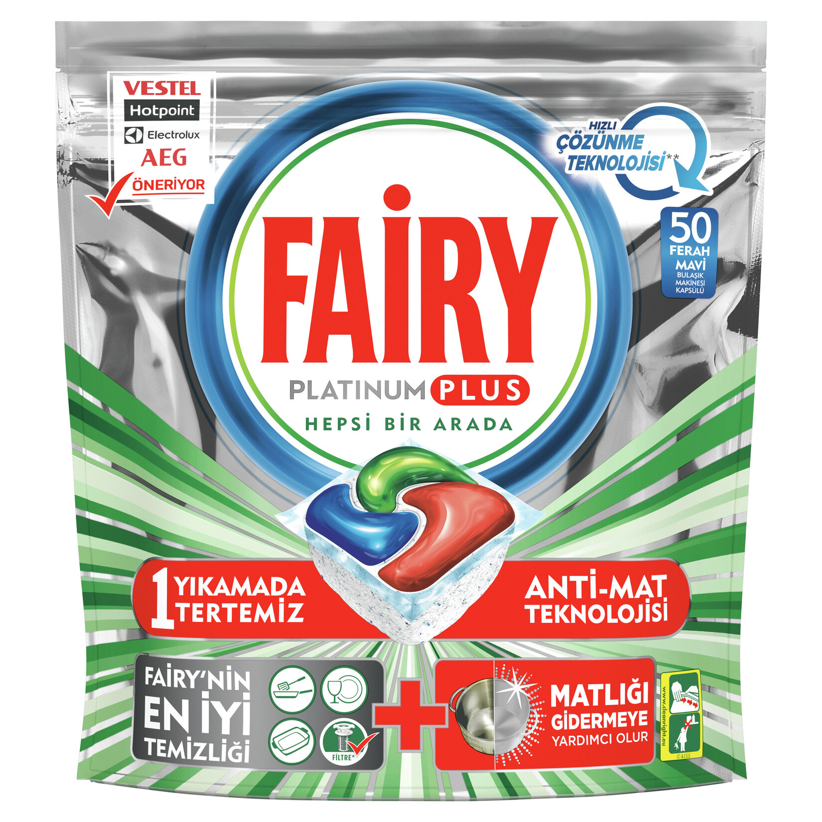 Fairy Platinum Plus 50 Yıkama Bulaşık Makinesi Deterjanı Kapsülü Hızlı Çözünme