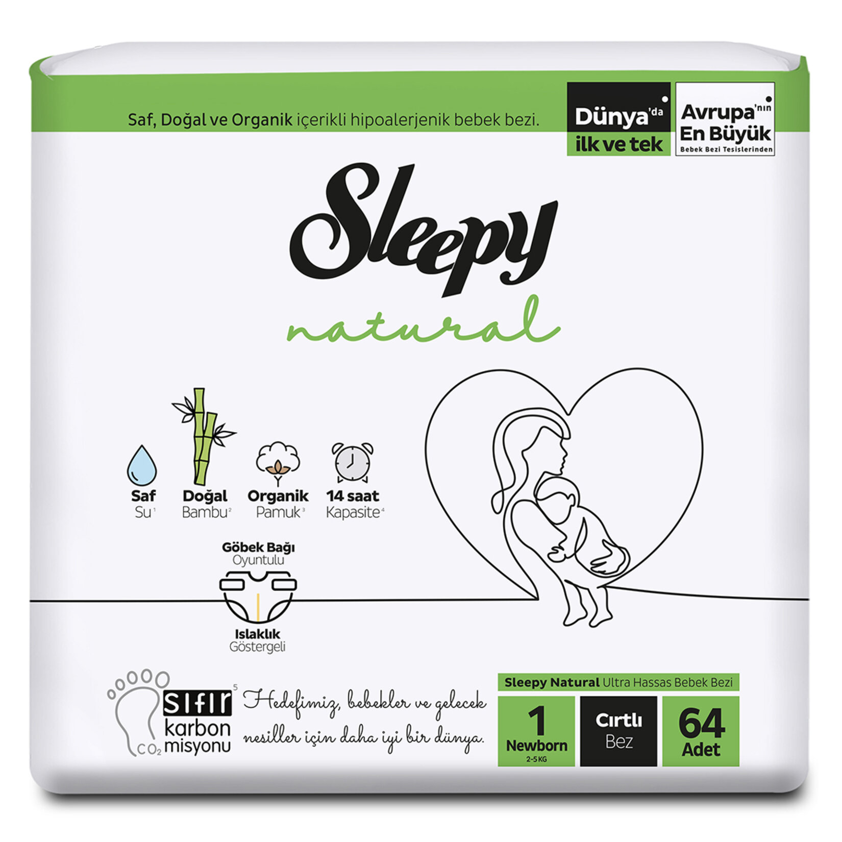 Sleepy Natural Jumbo Paket 1 Beden Yedıdogan 2-5Kg 64'Lu
