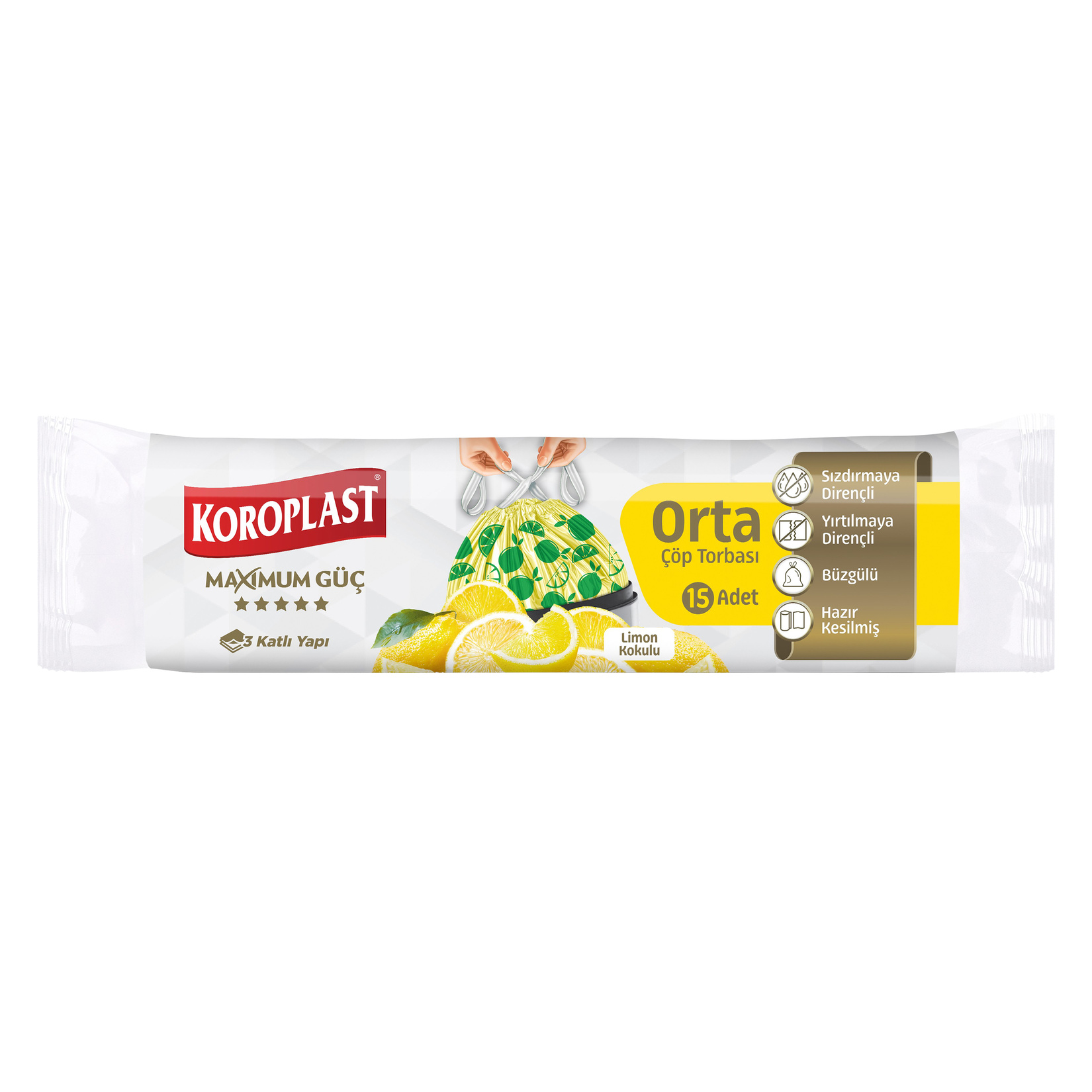 Koroplast Güçlü Büzgülü Çöp Torbası Limon Kokulu Orta 15'Li