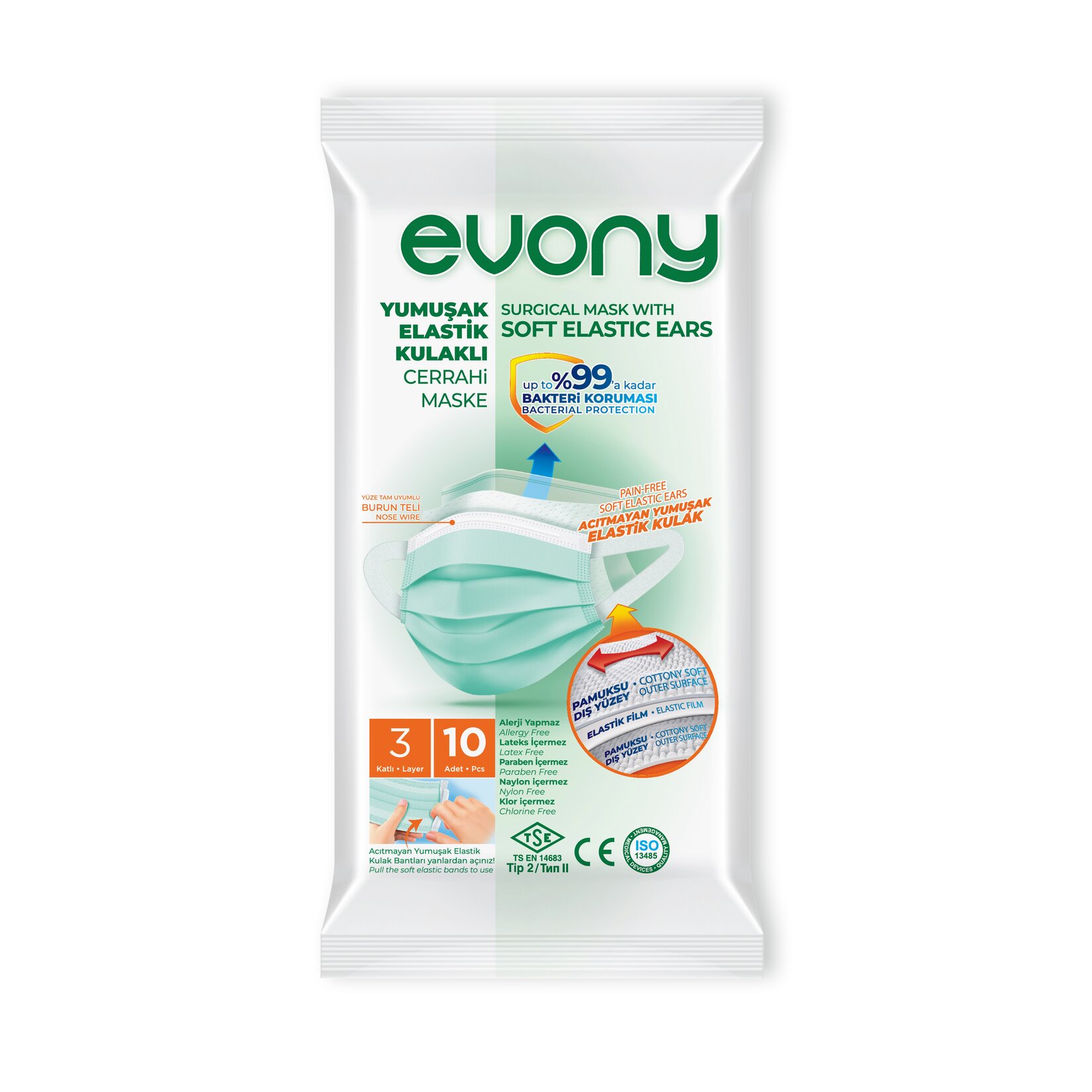 Evony 3 Katlı Cerrahi Maske 10Lu