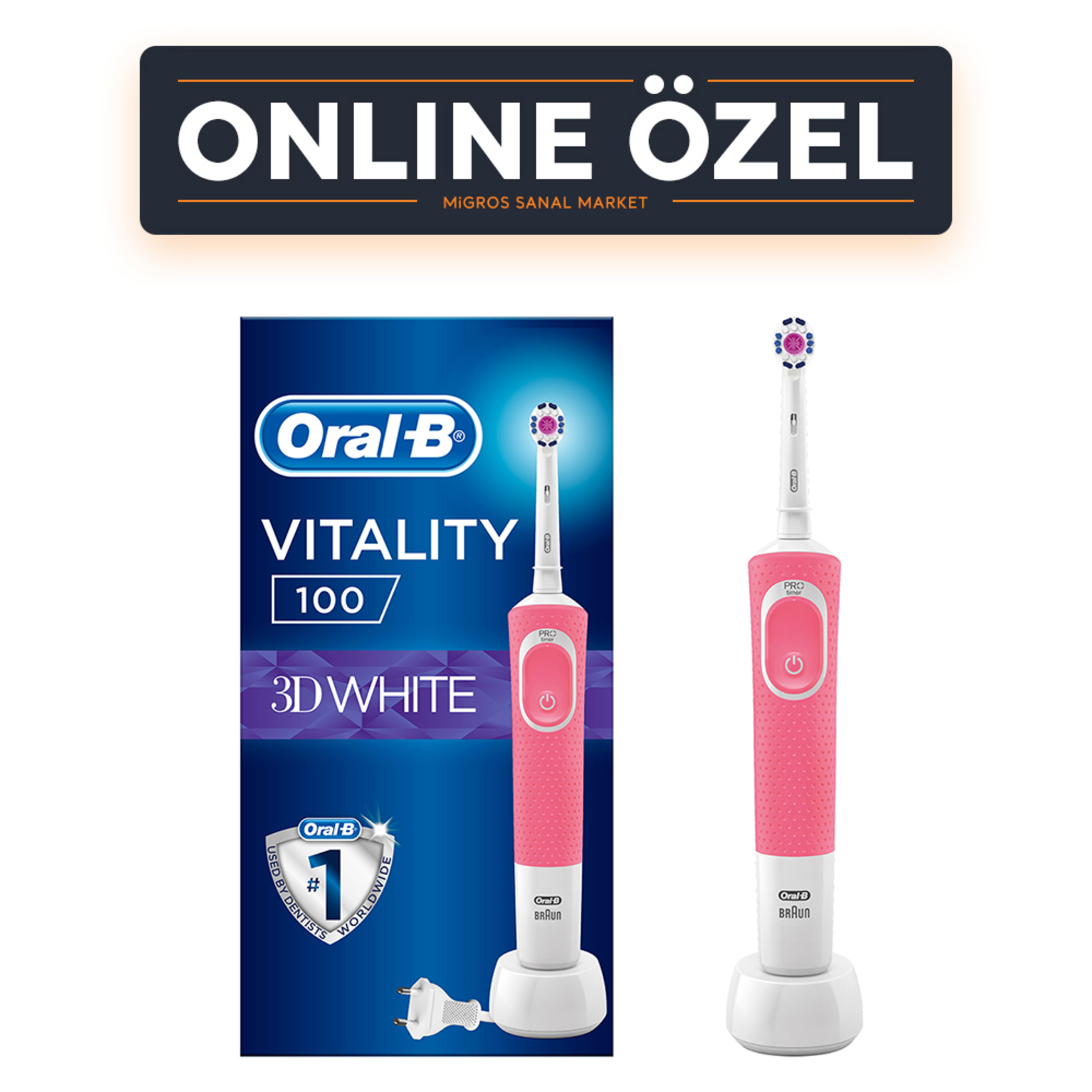 Oral-B D100 Şarj Edilebilir Diş Fırçası 3 Boyutlu Beyazlık Pembe