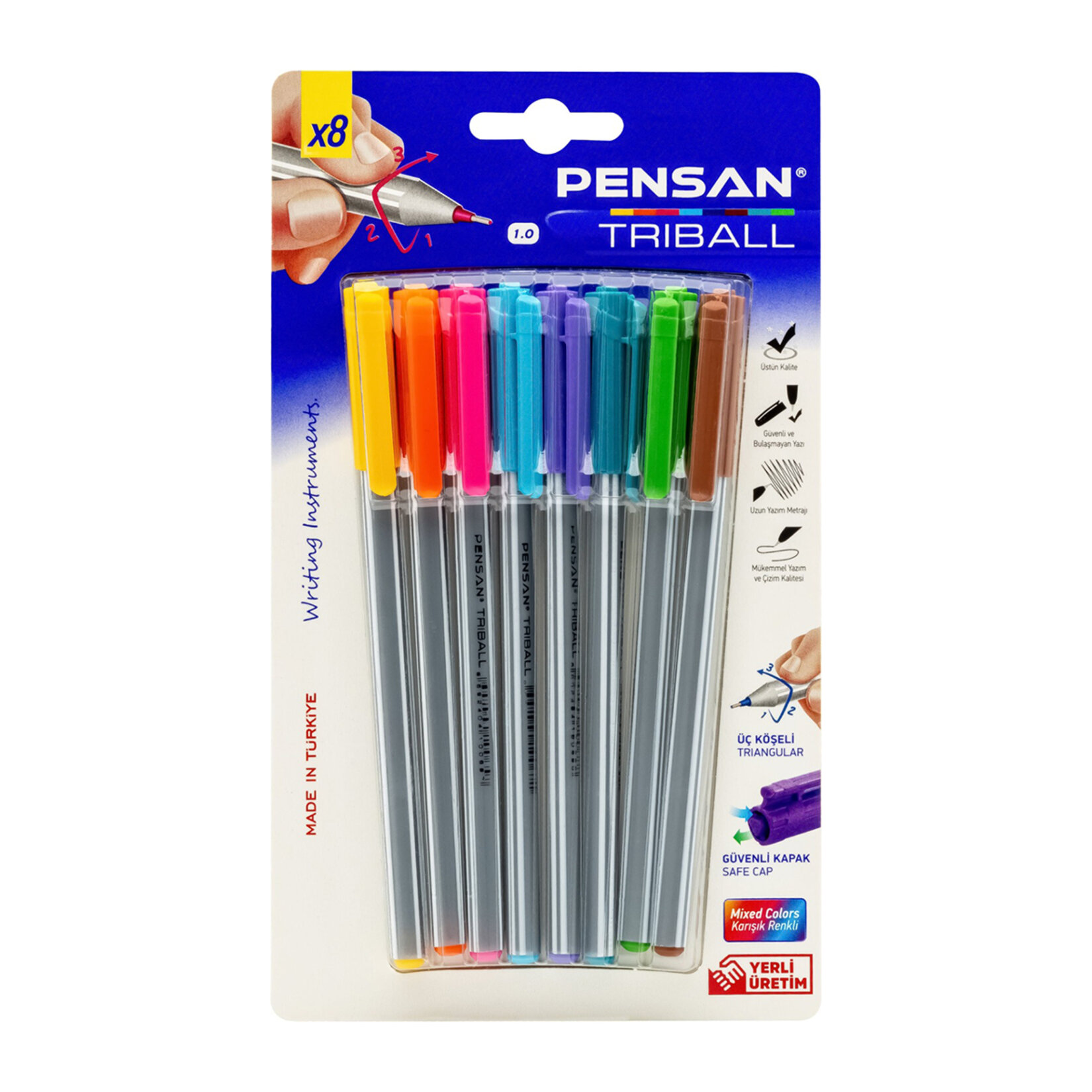 Pensan Triball Renkli Tükenmez Kalem 8'li