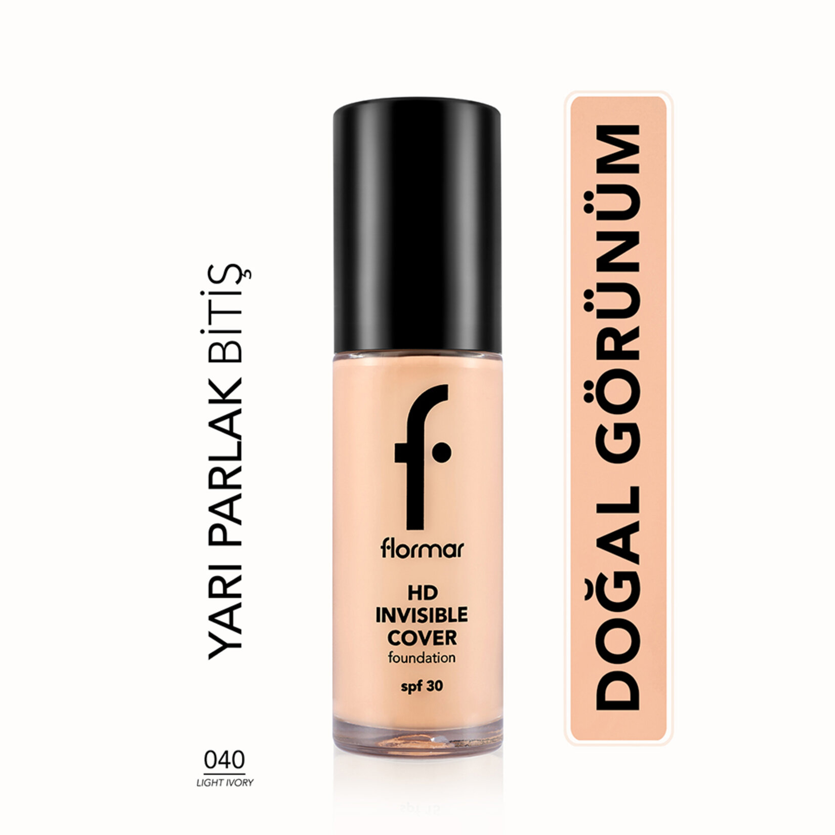 Flormar Invisible Cover HD Hafif Dokulu Kremsi Fondöten - 040 Light Ivory - Görsel 2