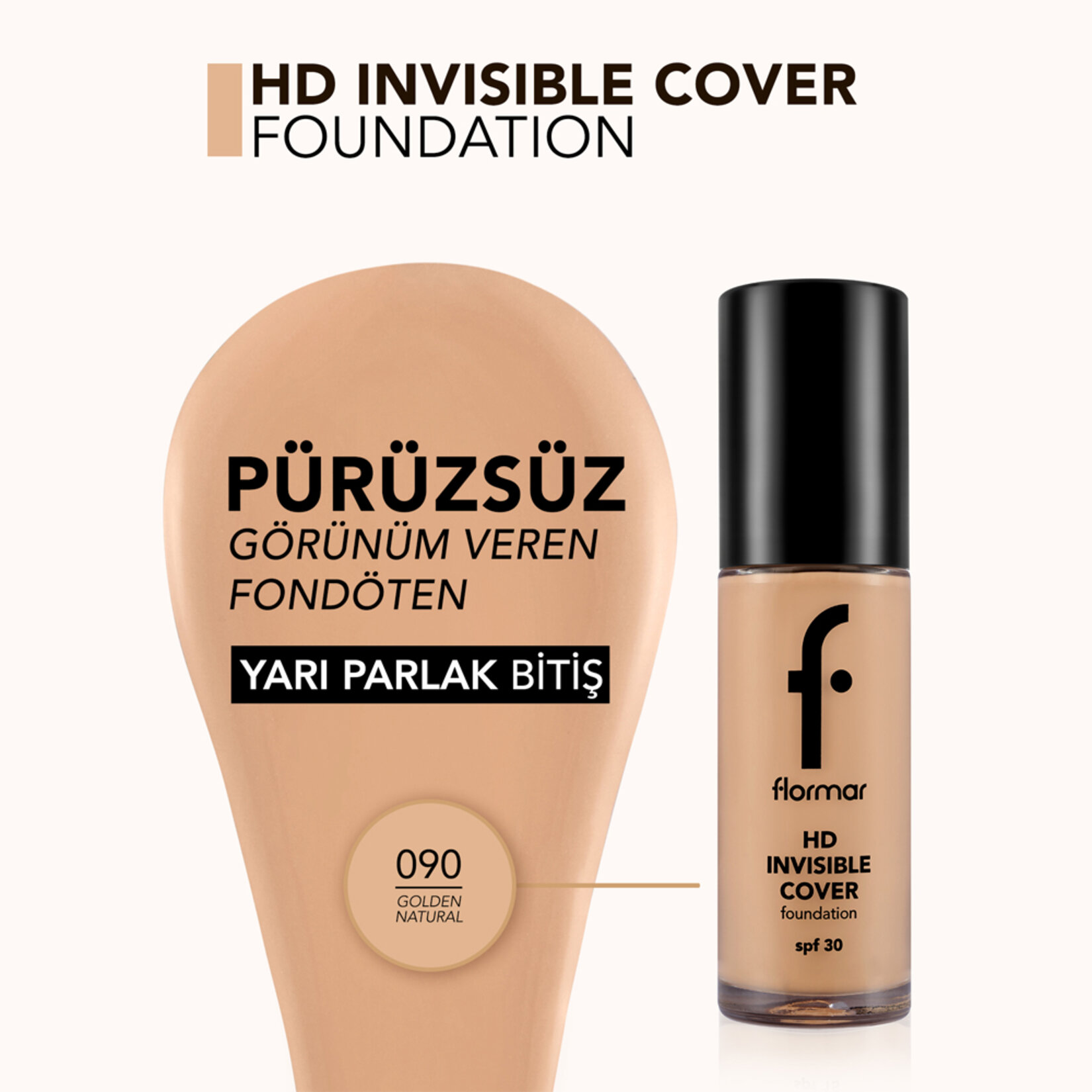 Flormar Invisible Cover HD Hafif Dokulu Kremsi Fondöten - 090 Golden Neutral - Görsel 3