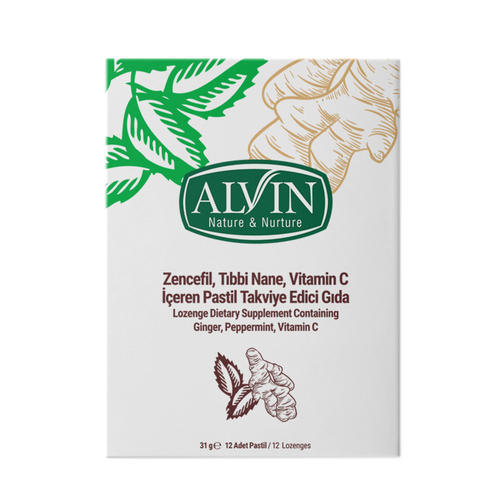 Alvin Pastil Zencefil Tıbbi Nane Vitamin C 12'li 31 G