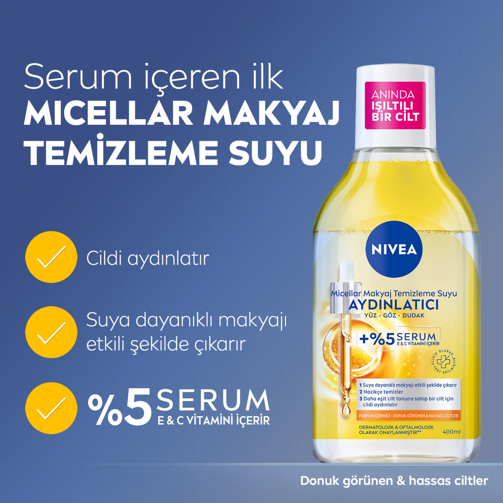 NIVEA Aydınlatıcı Serum İçerikli Micellar Makyaj Temizleme Suyu C Vitamini 400ml - Görsel 3