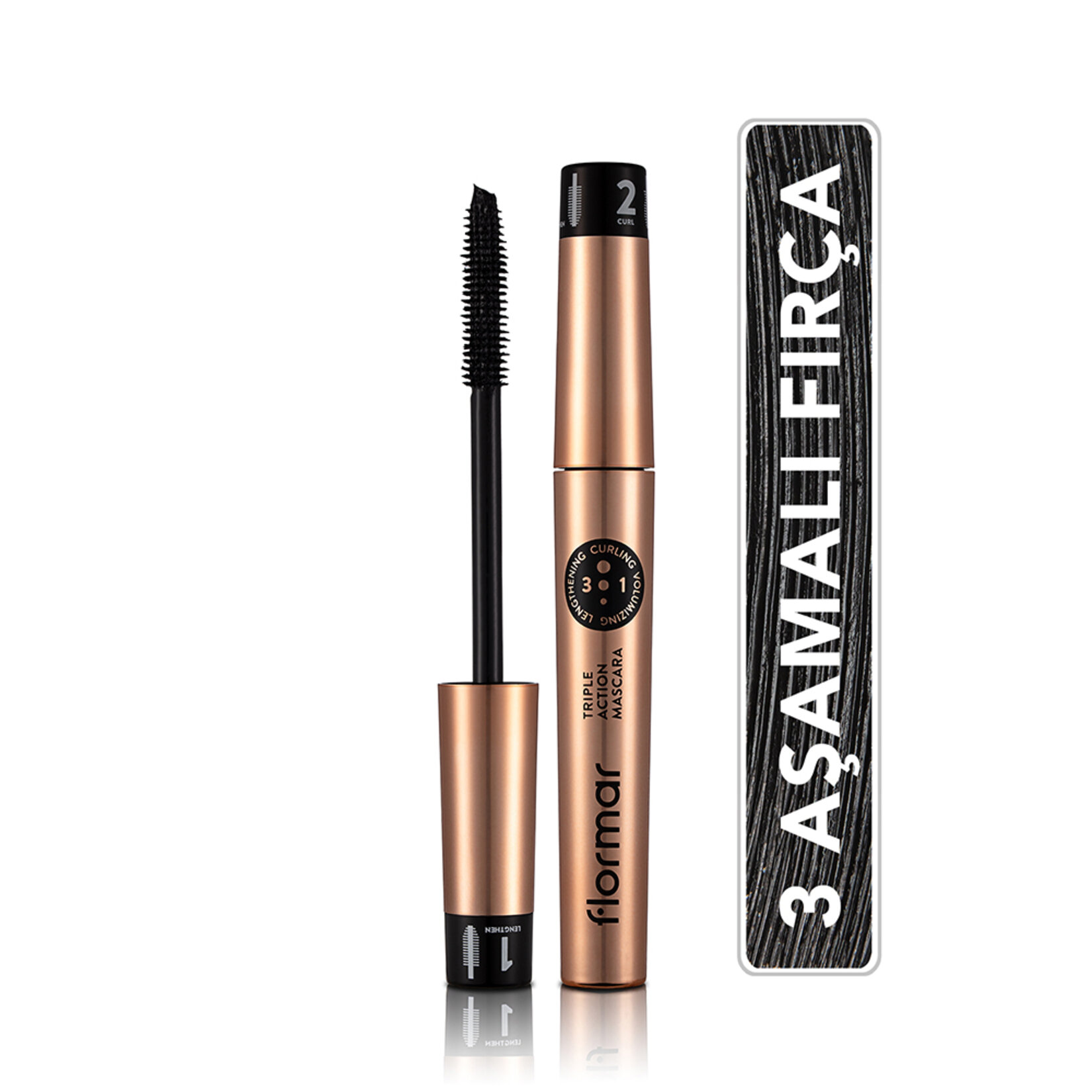 Flormar Triple Action 3 Etki 1 Arada Ayarlanabilir Fırçalı Maskara - 001 (Siyah) - Görsel 1