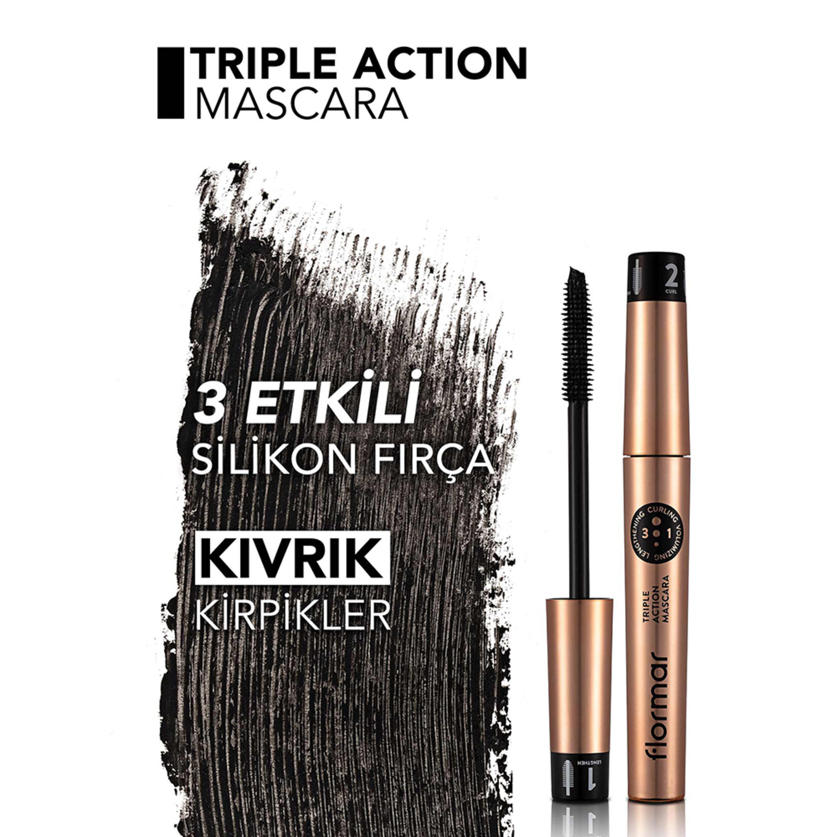 Flormar Triple Action 3 Etki 1 Arada Ayarlanabilir Fırçalı Maskara - 001 (Siyah) - Görsel 4