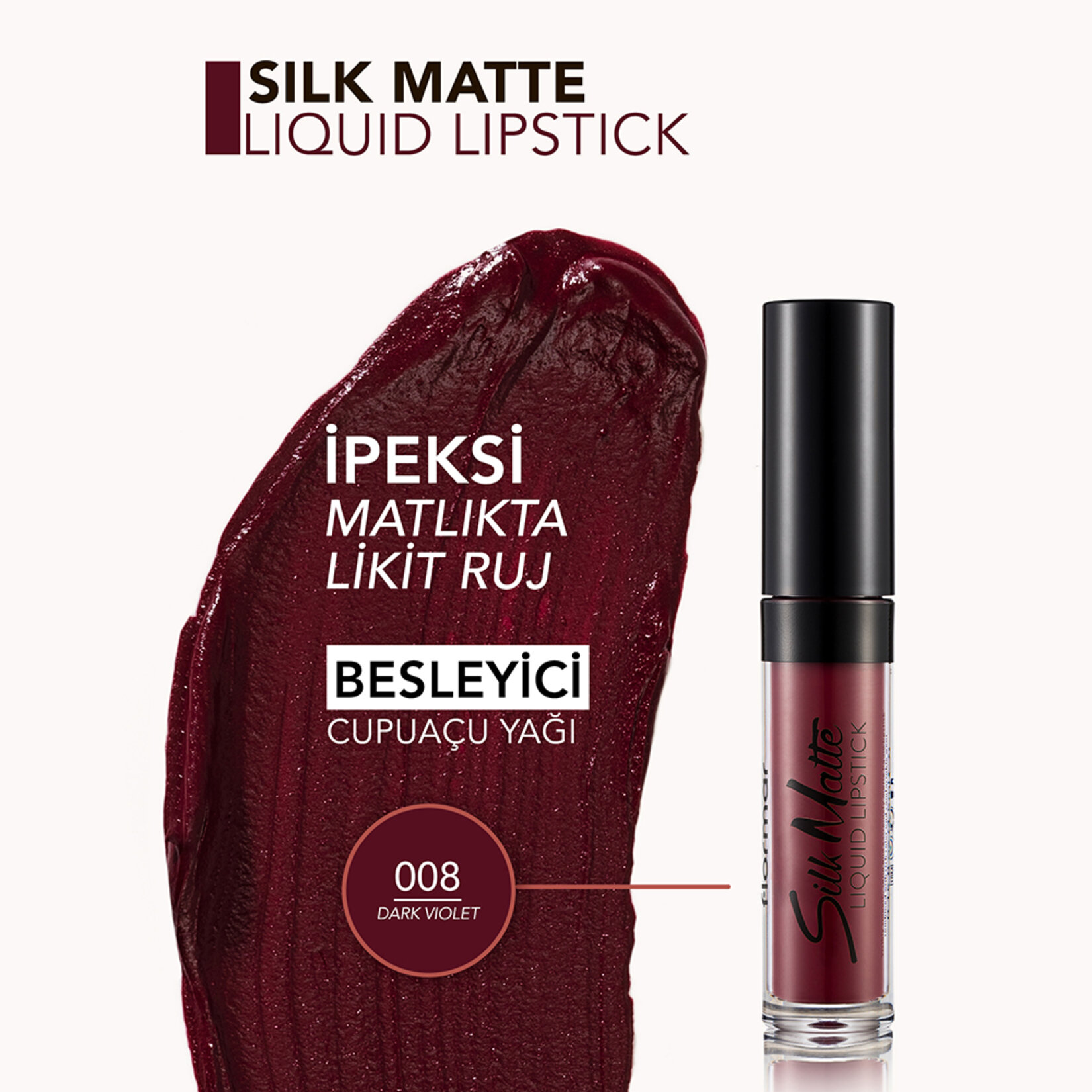 Flormar Silk Matte Uzun Süre Kalıcı İpeksi Dokulu Likit Mat Ruj - 008 Dark Violet - Görsel 4