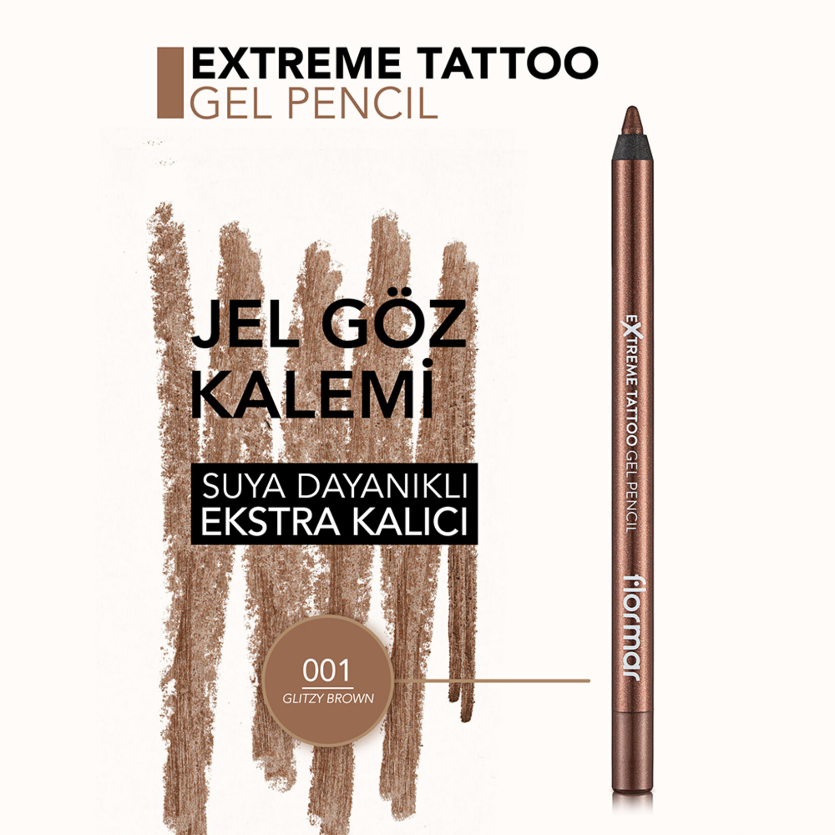Flormar Extreme Tattoo Yoğun Pigmentli Akmayan Jel Göz Kalemi - 001 Glitzy Brown - Görsel 5