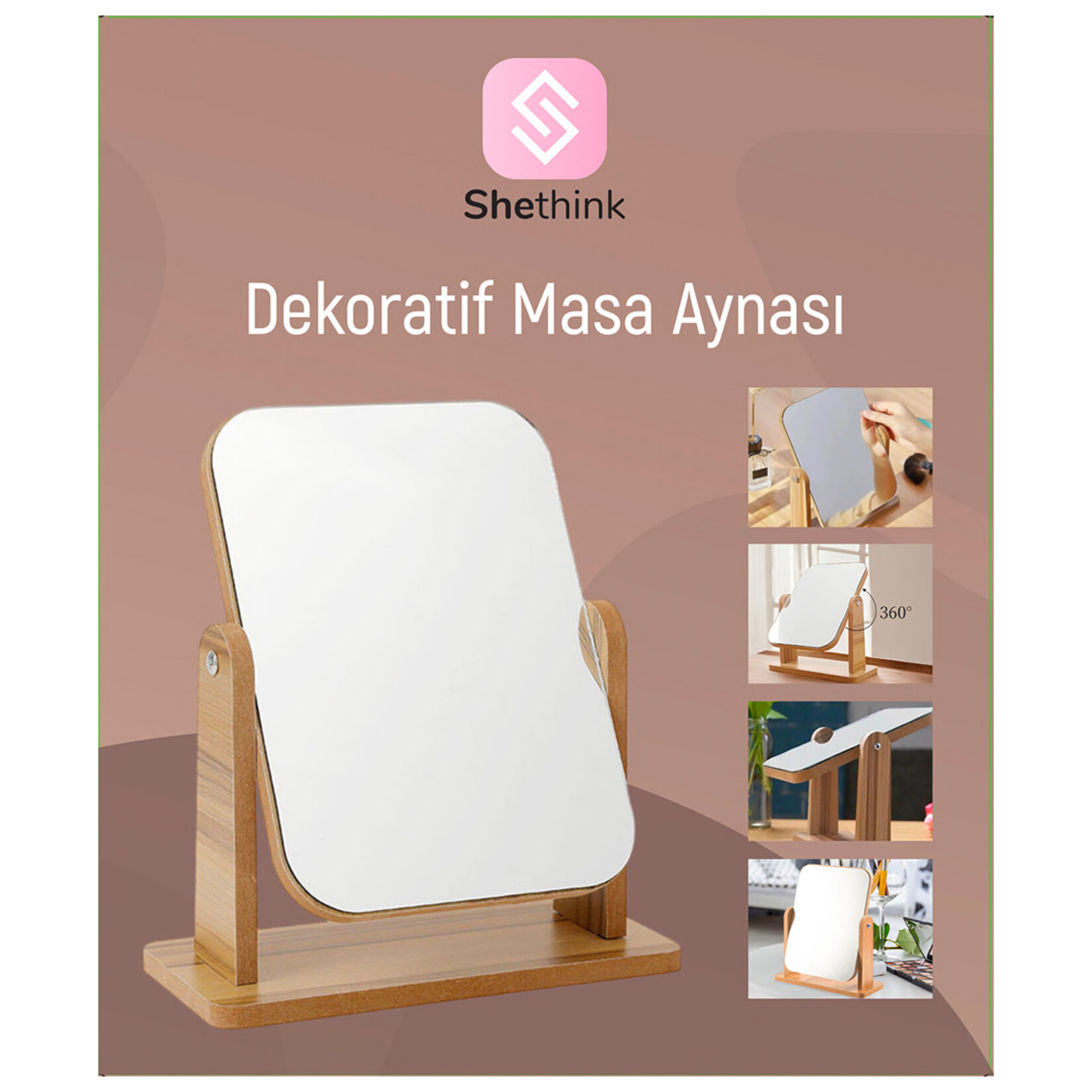 Shethink Dekoratif Ahşap Döner Makyaj Aynası Mu-45