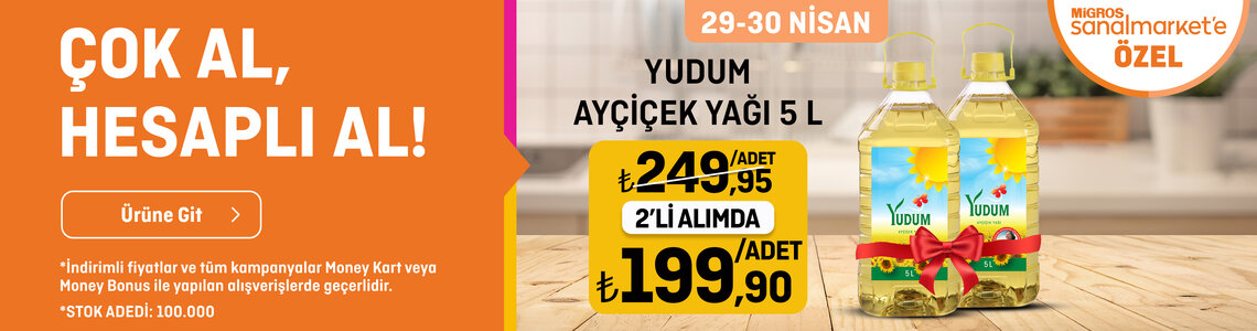 Yudum Ayçiçek Yağı 5 L 199 TL 