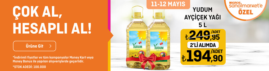 Yudum Ayçiçek Yağı 5 L  194 TL