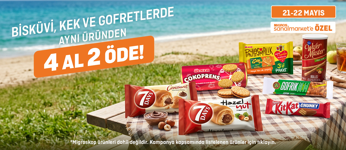 Migros'ta bisküvi, kek ve gofretlerde aynı üründen 4 al 2 öde