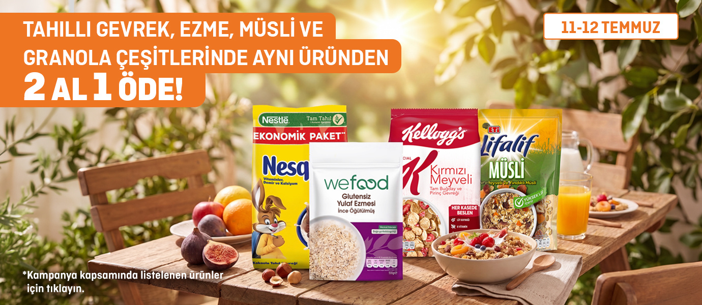 Migros Tahıllı Gevrek, Ezme, Müsli ve Granola Çeşitlerinde 2 Al 1 Öde