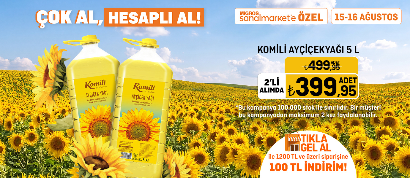 Migros Komili Ayçiçek Yağı 5 L 399 TL (2 adet alımda)