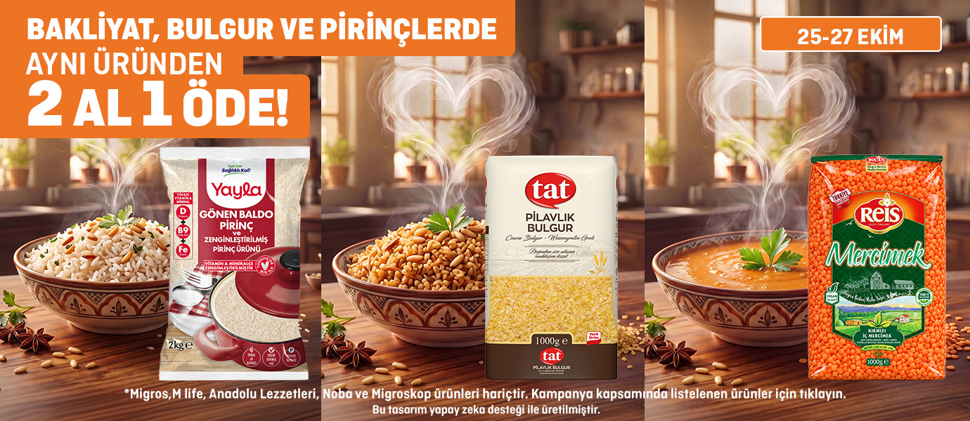 Migros 2 al 1 öde - Makarna,Bakliyat, Bulgur,Pirinç,Yetişkin Bakım Ürünleri