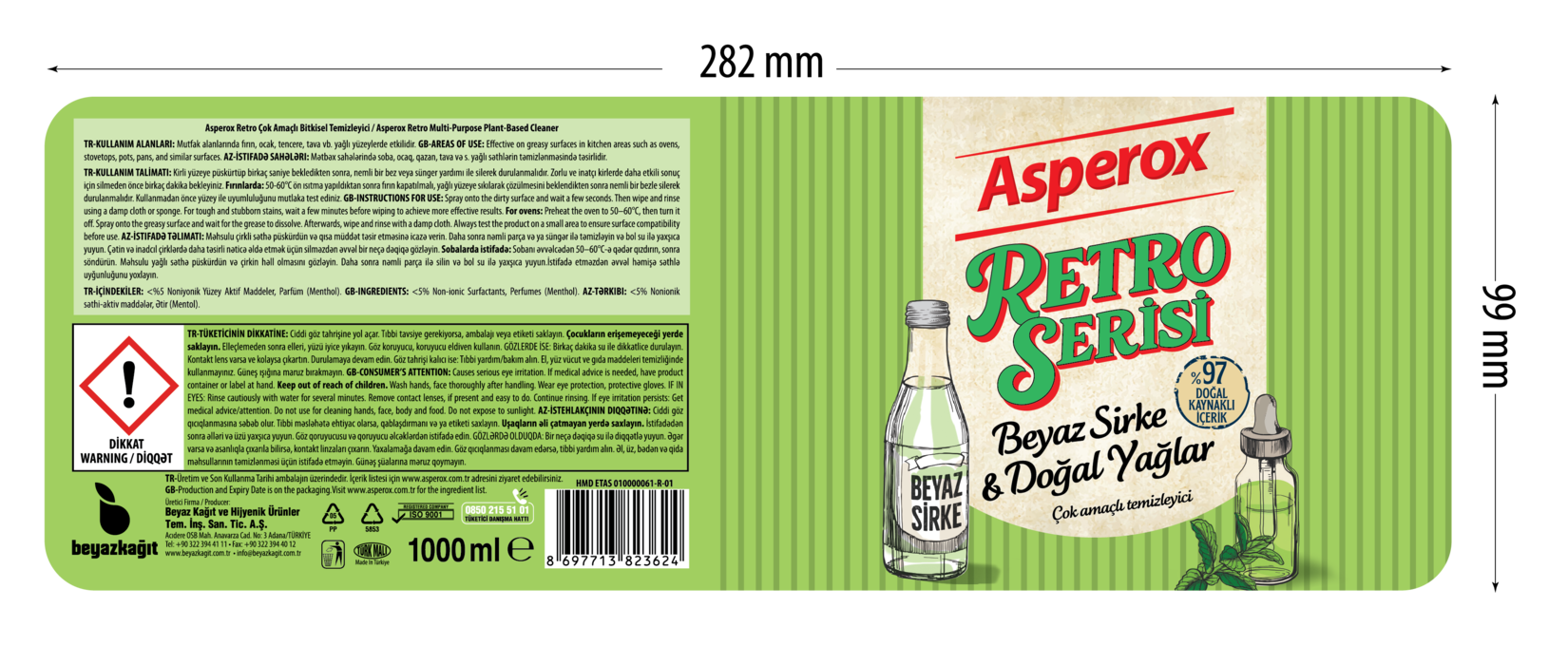 Asperox Retro Serisi Beyaz Sirke & Doğal Yağlar 1 L