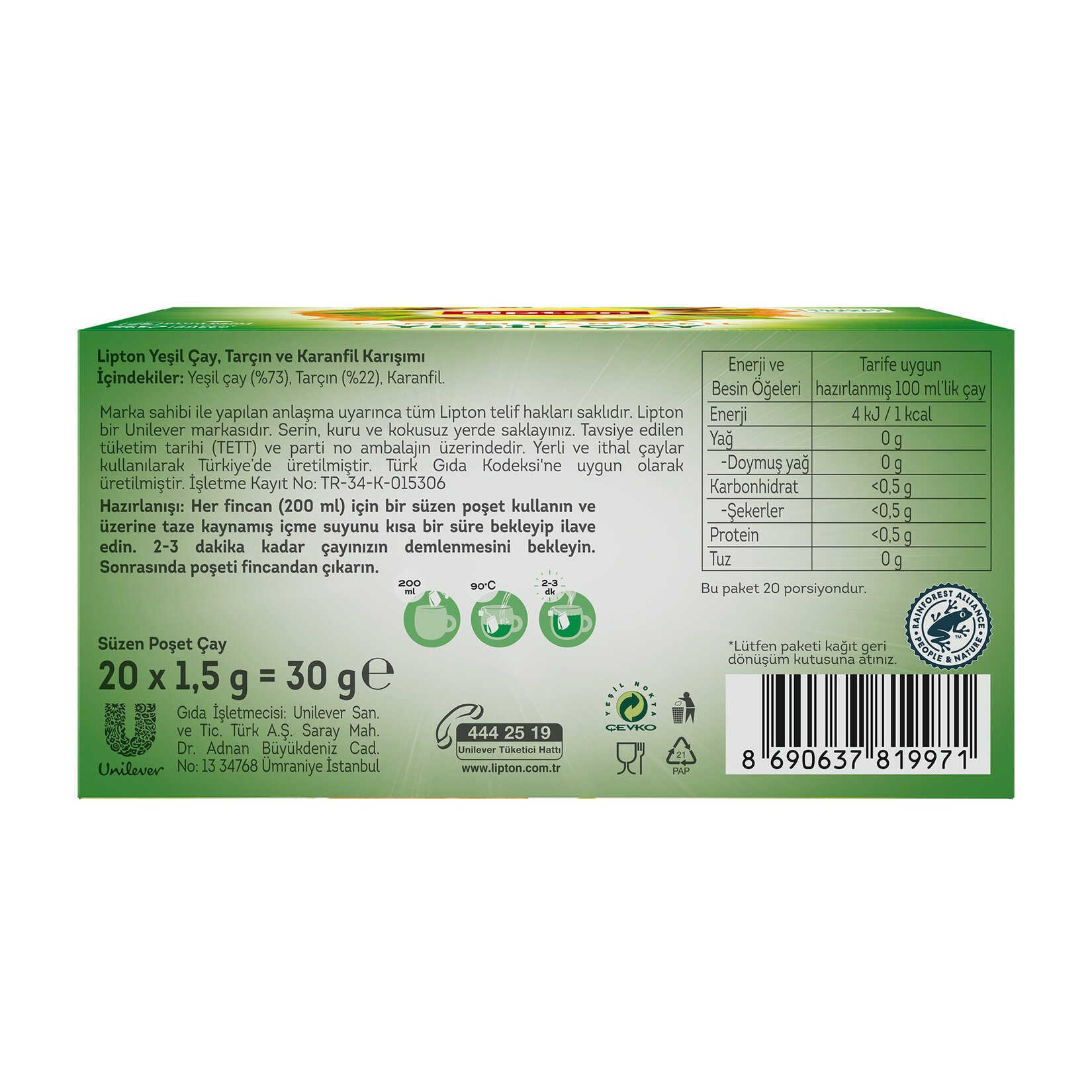Lipton Karanfil Tarçın Yeşil Çay 20'li Bardak Poşet 30 G - Görsel 4