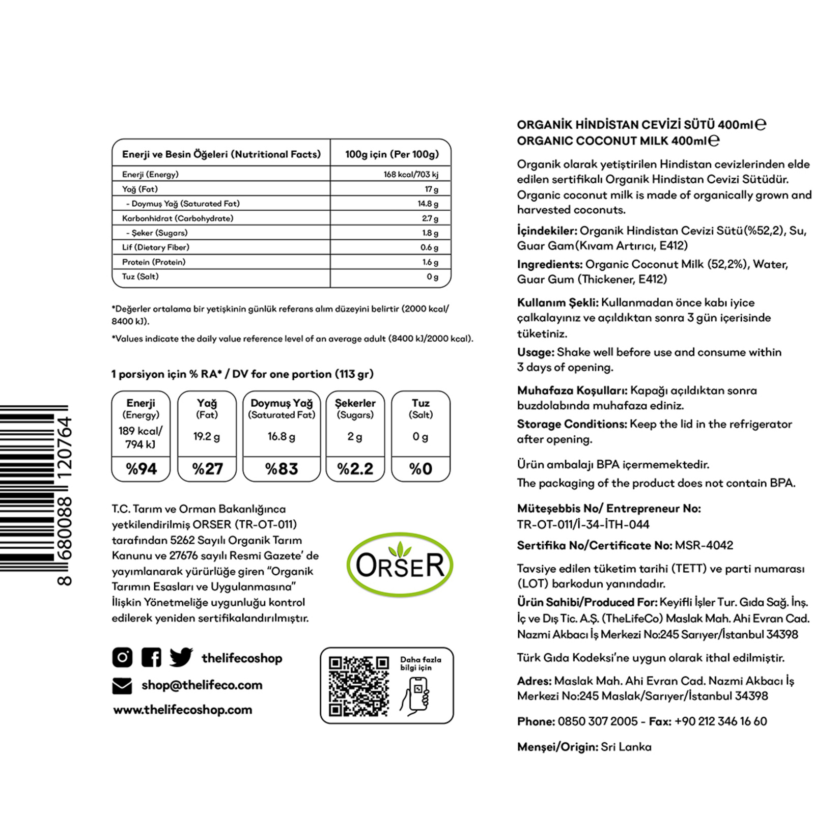 The Lifeco Organik Hindistan Cevizi Sütü 400 Ml - Görsel 2