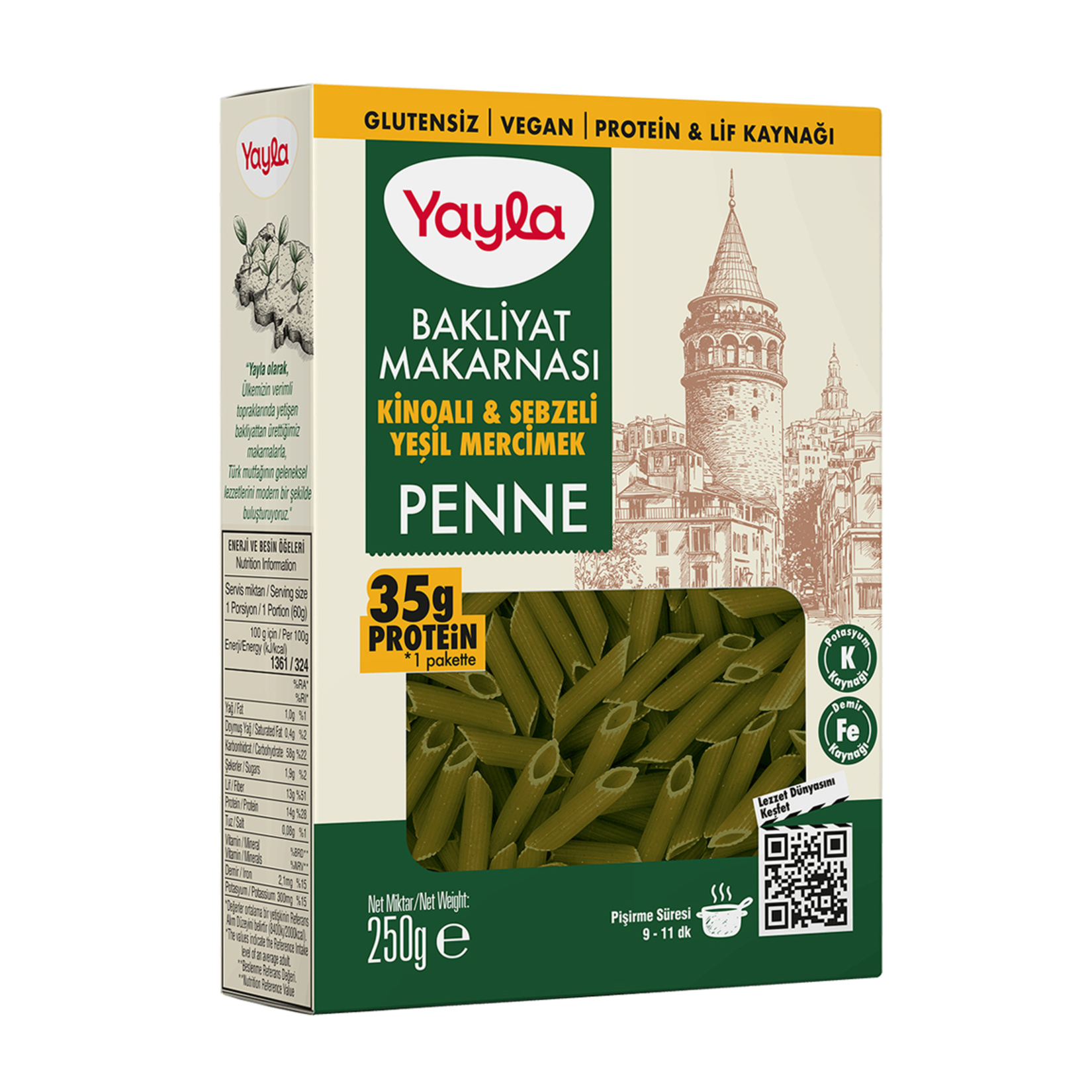 Yayla Glutensiz Kinoa ve Sebze Yeşil Mercimek Penne 250 G