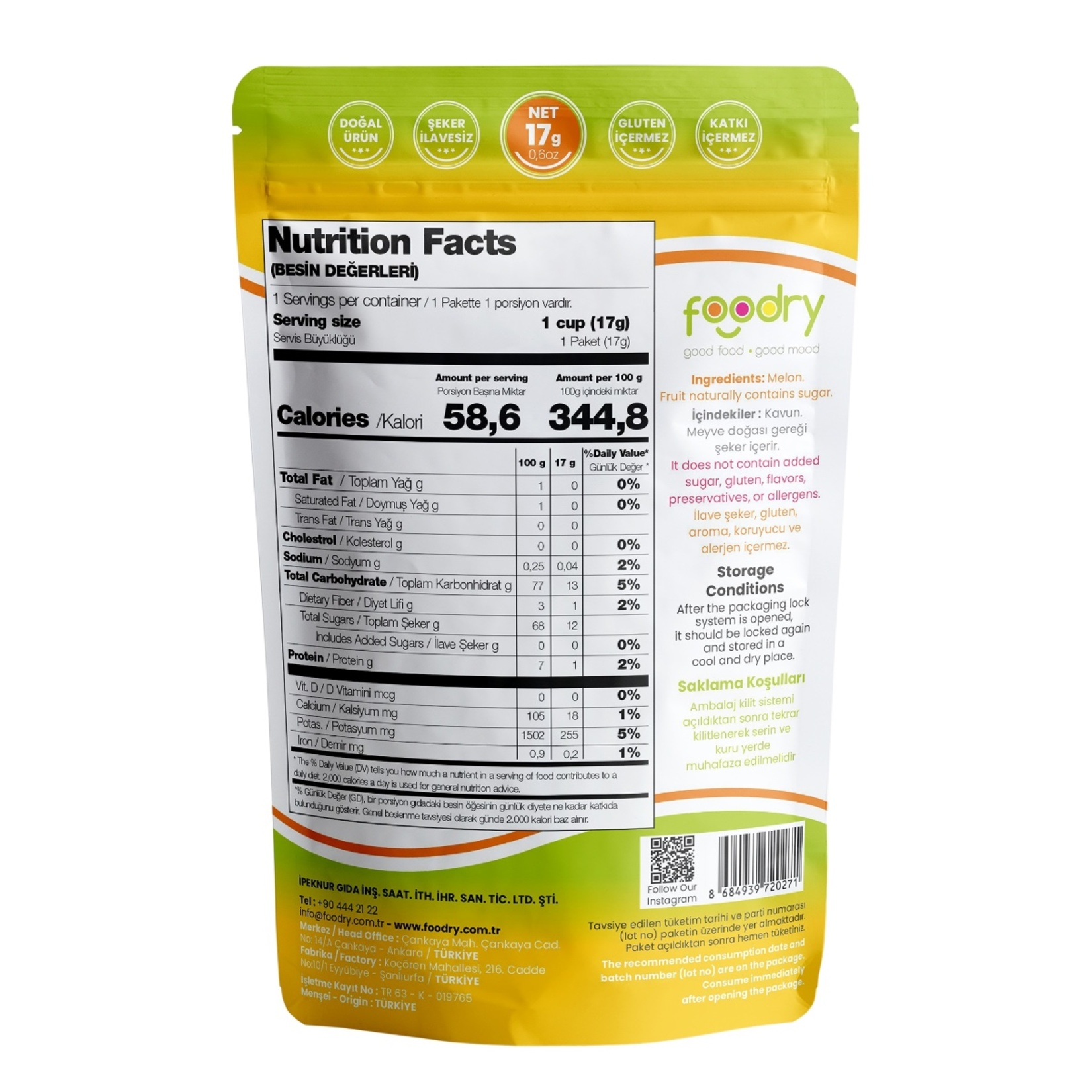 Foodry Freeze Dried Dondurularak Kurutulmuş Kavun 17 G - Görsel 2